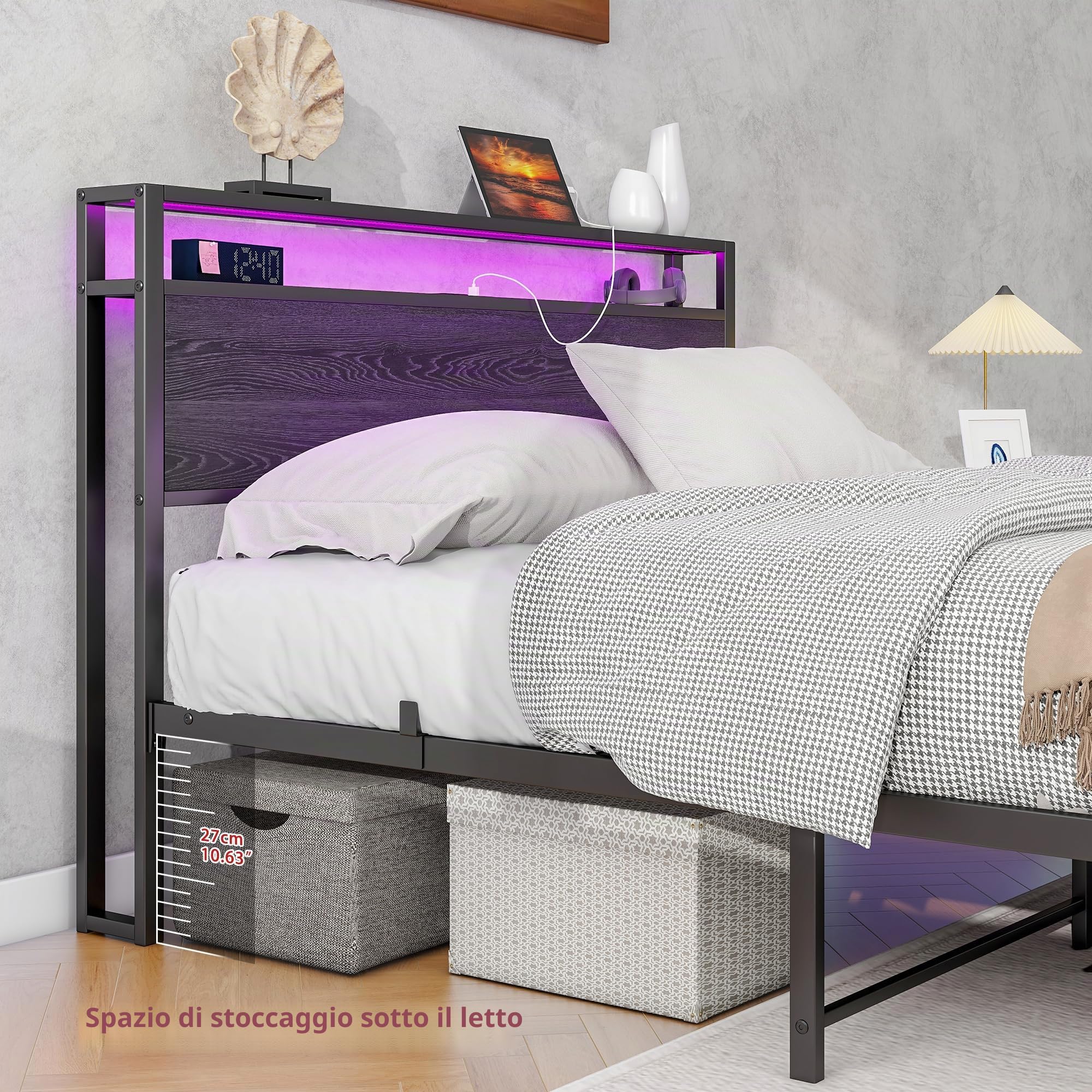 HOJINLINERO Telaio per letto in metallo, in legno, 120 x 200 cm, con rete a doghe con funzione di ricarica USB, letto matrimoniale,colore nero