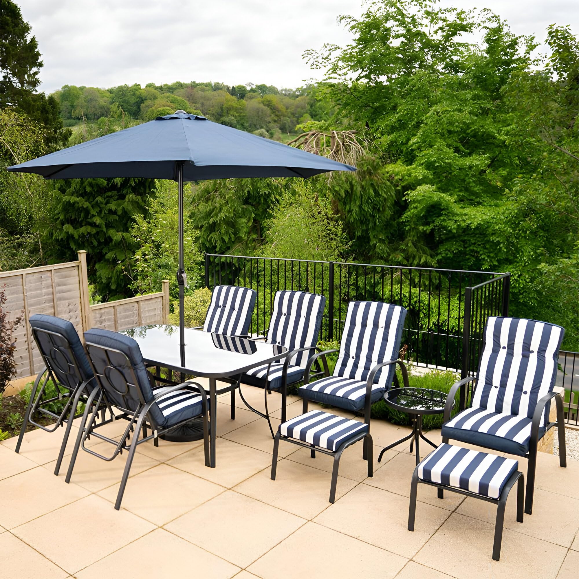Hectare 6 Seater Garden Furniture Chairs and Table Hadleigh Outdoor Patio Parasol Dining Set Navy Blue Stripe