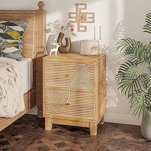 Miniatura 9 de Mesita de noche de granja de 2 cajones, mesita de noche de mediados de siglo totalmente montada con patrón de anillo de madera hecho a mano para