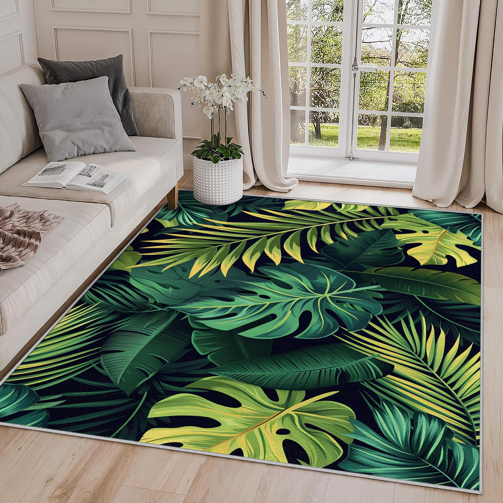 SherAvant Green Leaf 2x3 Area Rug - Tropical Monstera Palm Leaves Botanical Plant Rug - Home Decor