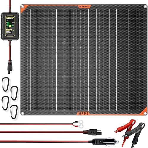 SUNAPEX Cargador solar de goteo de 12 V y 50 vatios con controlador MPPT, cargador de batería portátil impermeable alimentado por energía solar -