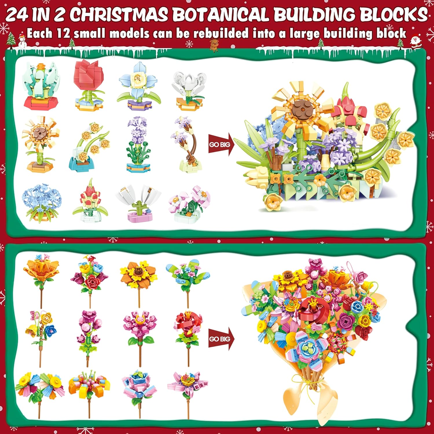 Flower Building Blocks Advent Calendar 2025, Christmas Countdown Calendar with 24 Mini Botanical Sets, Creative Holiday Gift for Kids, Teens, Adults,Holiday Home Decor, Gift & Family Activity, Creative DIY, 6 Age+