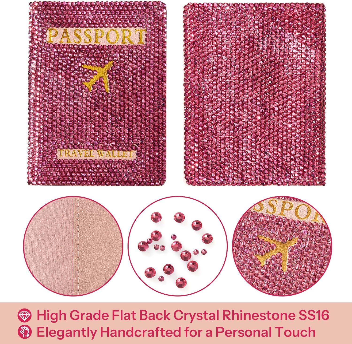 SlowVibes Rhinestone Passport Holder With Luggage Tag Set,luggage Tags For Suitcases,Glitter Passport Cover,Handmade Bling Passport Wallet For Women,Girl Travel Passport Book,Ideal Gift For Travelers