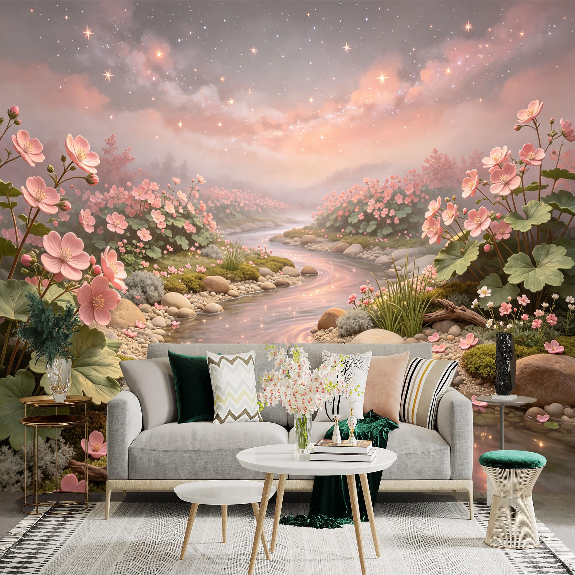 Lnzczhyre Bh260719270 Custom Size Wall Sticker Mural， Dreamy Pink Flower Garden， Winding River Landscape， Twinkling Starry Sky， For Wall Decoration， Peelandstick Wall Decals.