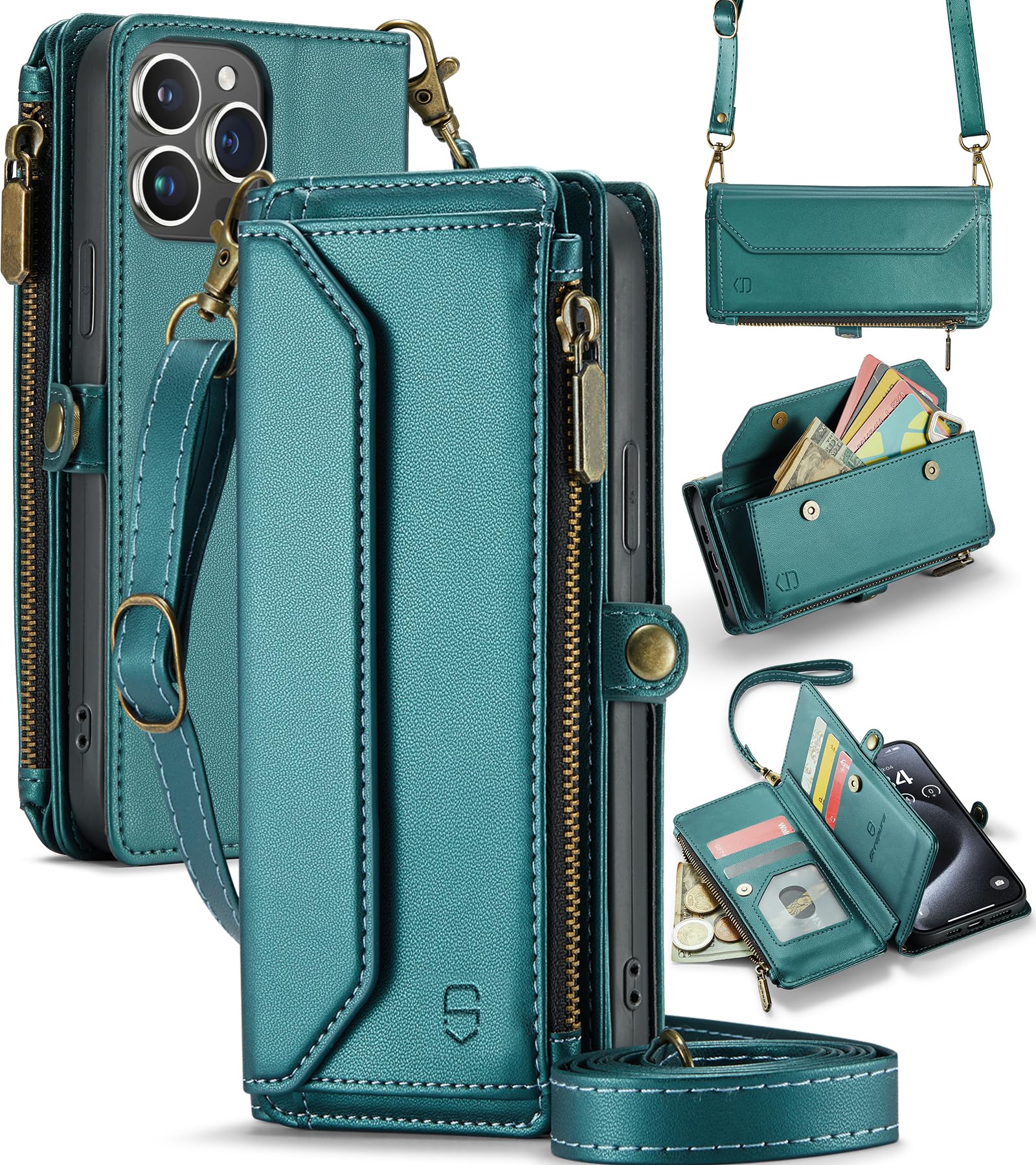 Strapurs Crossbody for iPhone 15 Pro Case Wallet?RFID Blocking? with 7-Card Holder Zipper Bills Slot, Soft PU Leather Magnetic Wrist Shoulder Strap for iPhone 15 Pro Wallet Case for Women,BlueGreen