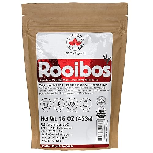 Té Rooibos de 1 libra (16 onzas) 100% orgánico certificado (USDA sello) | Té de hojas sueltas Rooibos rojo | Té de hierbas de arbusto rojo