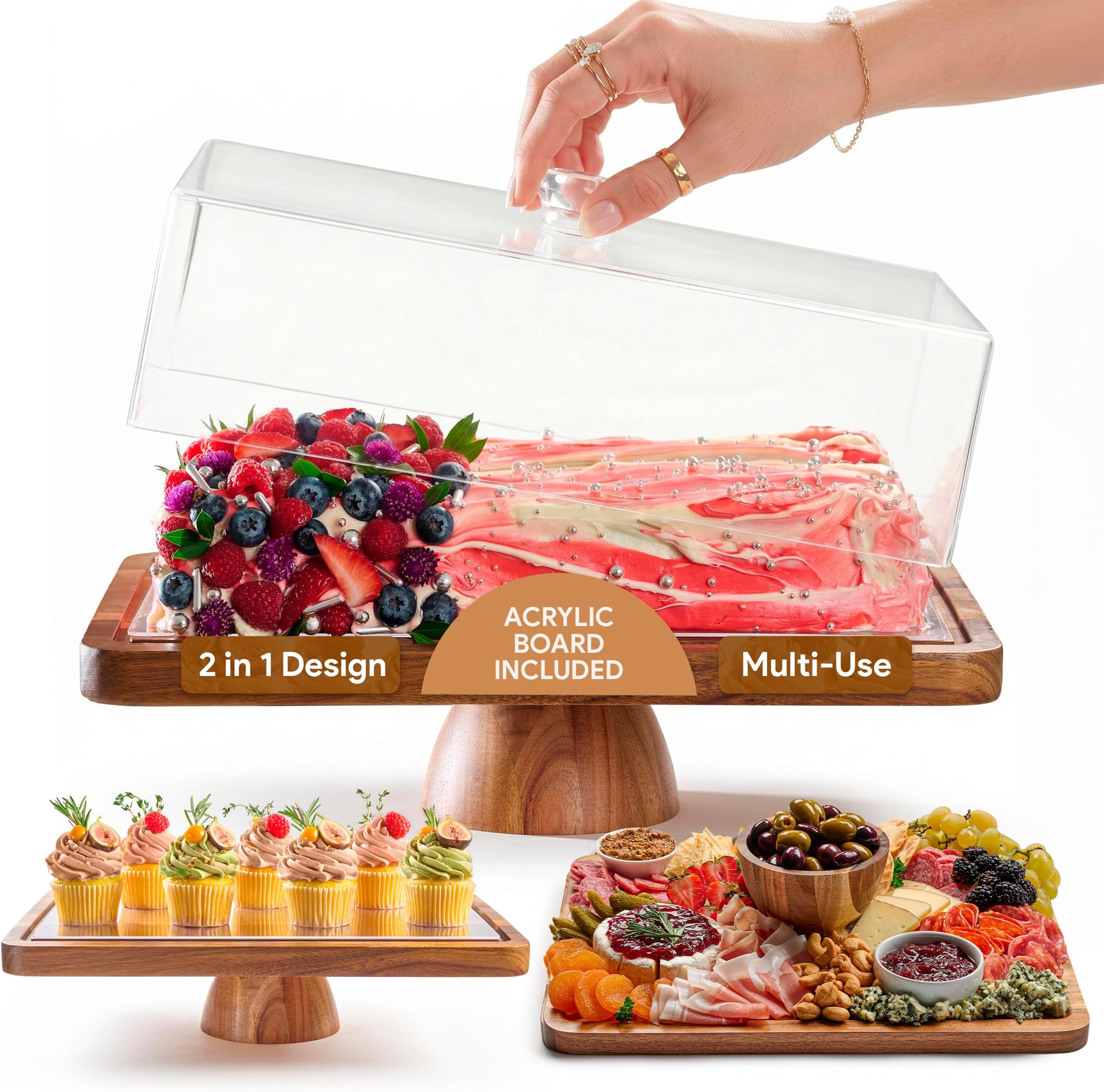 HOMESPHERE Acacia Wood Cake Stand with Lid - Rectangular Cake Holder, 2-in-1 Dessert Table Display Set & Charcuterie Board for Cheese, Chips, Fruit Platter, Large Acrylic Cake Dome Cover, No Glass