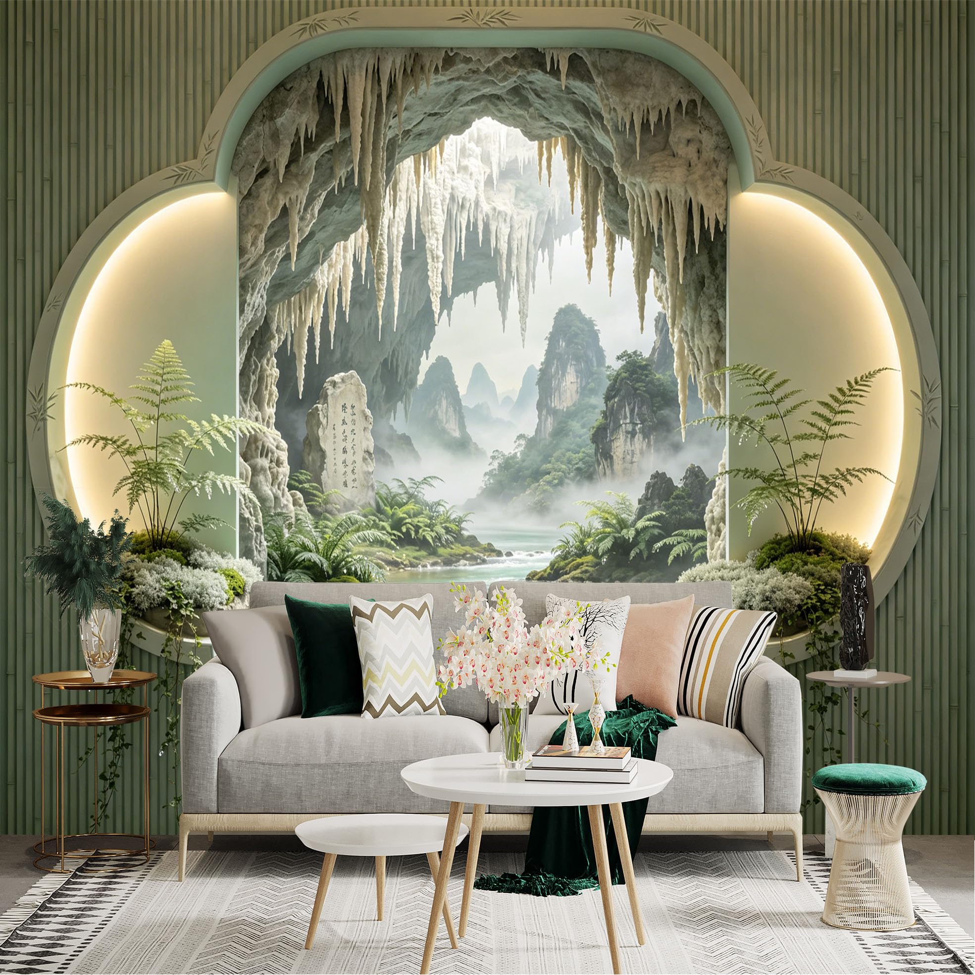 Custom Size Wall Sticker Mural， Cave View with Waterfall， Misty Mountains and Tropical Forest， for wall Decoration， peelandstick wall Decals.