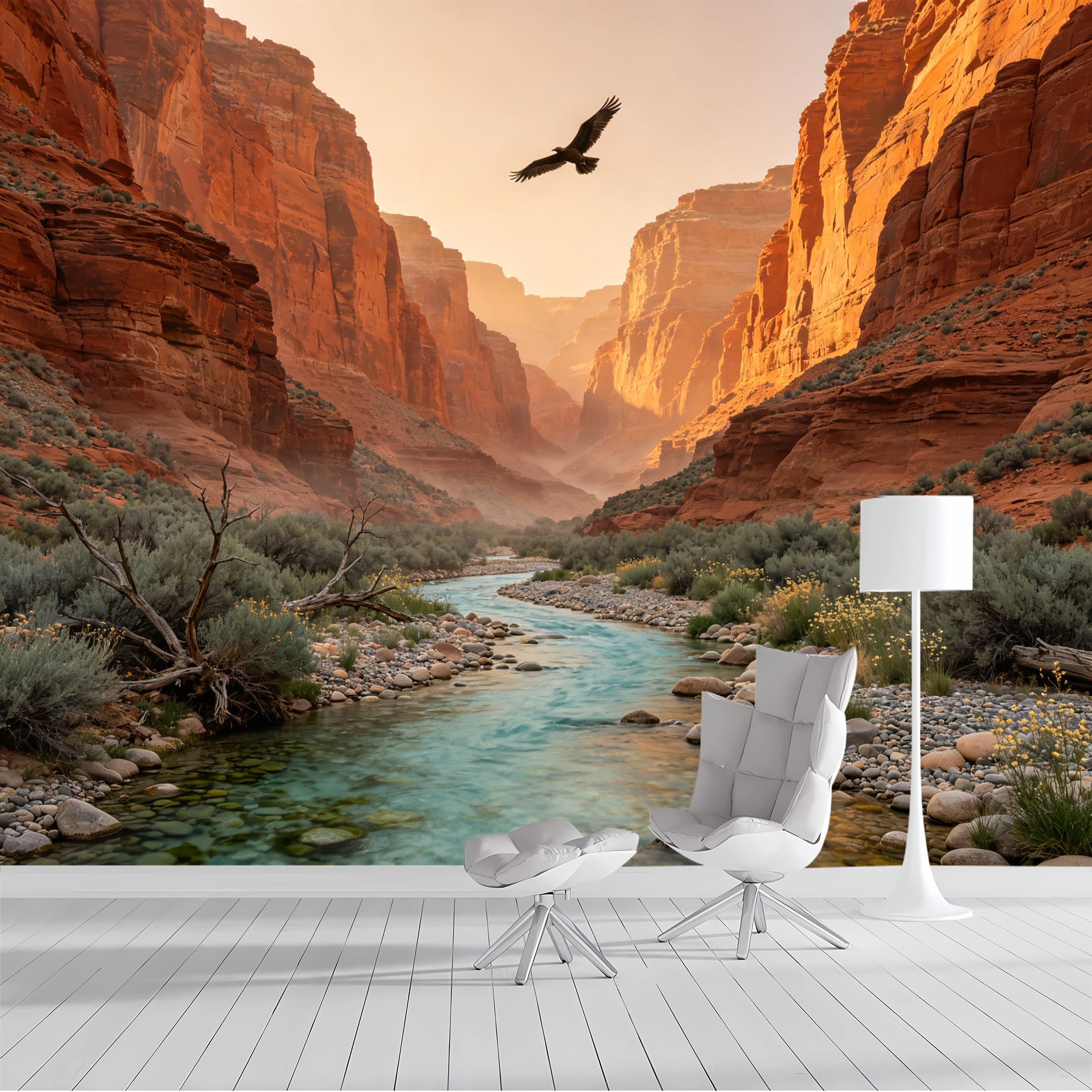 Custom Size Wall Mural Majestic Canyon Eagle River Flowing Landscape Oil Painting SelfAdhesive Wall Fabric Removable Peel and Stick Wallpaper Wall Decor for Living Room Bedroom Bathroom