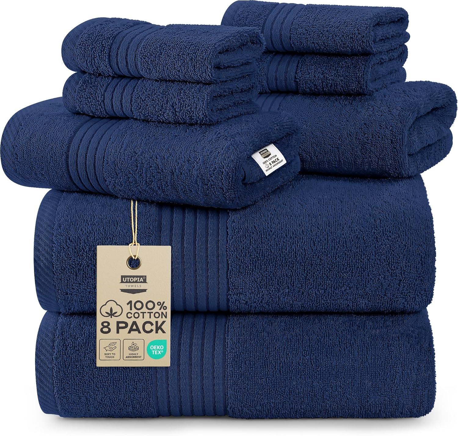 Utopia Towels 8 Piece Premium Towel Set, 2 Bath, 2 Hand, and 4 Washcloths, 100% Ring Spun Cotton, Highly Absorbent Towels for Bathroom, Sports, and Hotel, Navy