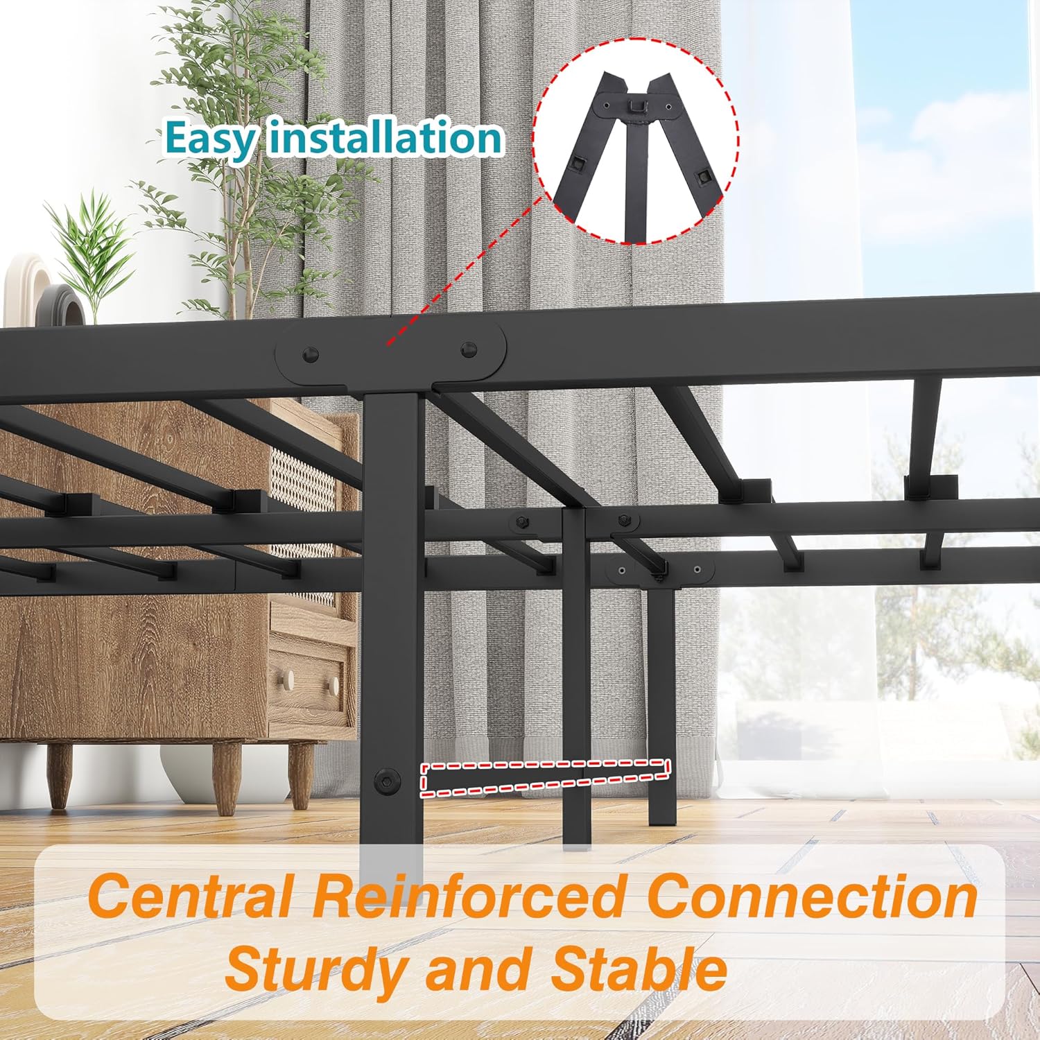 DUMEE Double Bed Frame with Wood Headboard and Footboard, Metal Full Bed Frame Under Bed Storage, No Box Spring Needed, Enhanced Support Noise Free (Black+Brown Oak) - Image 6