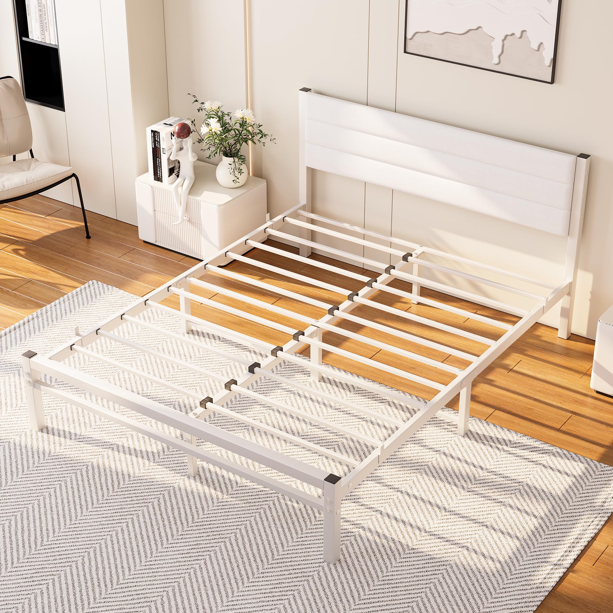 Bett 140x200 mit Stauraum und lattenrost,Bettgestell Metallbett 140x200 Bett mit Kopfteil,Bettrahmen aus Metall,Modern Doppelbett Polsterbett Bed Frame Weiß