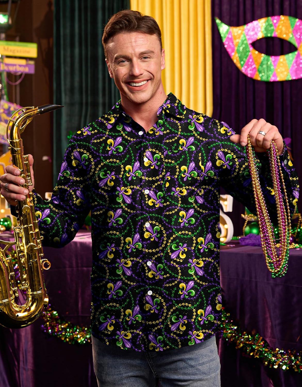 Arvilhill Mens Mardi Gras Shirt Long Sleeve Button Fat Tuesday Shirt (S-3XL)