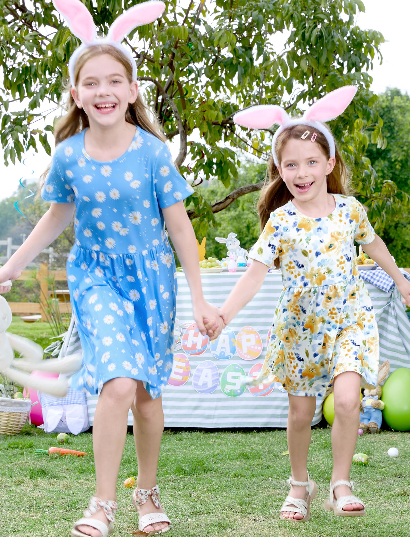 PATPAT Set di Vestiti per Ragazze, Confezione da 3 Abiti Estivi con Maniche Corte e Volant in 3 Stampe Diverse, Feste di Compleanno, Banchetti, Vacanze, Abiti da Principessa per Ragazze, 2-7 Anni