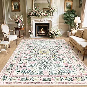 Area Rugs 9x12 Living Room: Floral Washable Rug Vintage Large Soft Boho Non-Slip Carpet Indoor Stain Resistant Low Pile Carpets for Bedroom Dining Room Farmhouse Nursery Hallway Home Office Pink Green