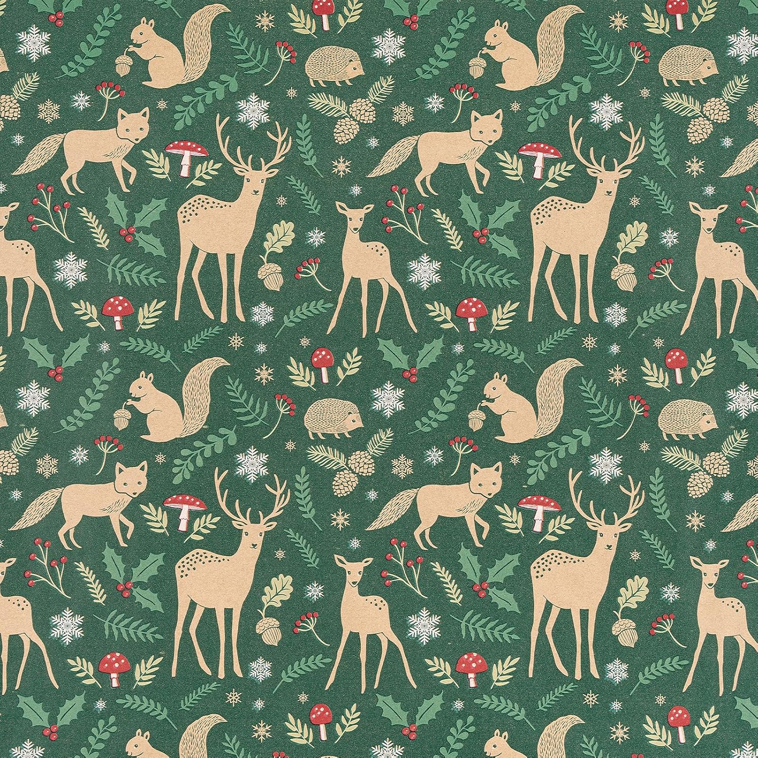 RUSPEPA Kraft Christmas Wrapping Paper Roll, Jumbo Roll, Green Woodland Animal and Snowflake Design, Rustic Kraft Gift Wrap for Christmas, Holiday and Winter Party, 30 Inches x 32.8 Feet