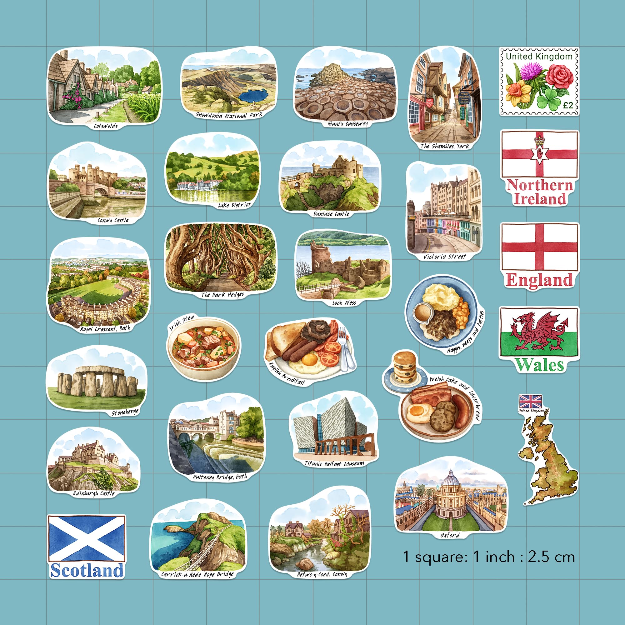 Navy Peony Countryside United Kingdom Travel Stickers (28pcs)-Hand Illustrated - Image 2