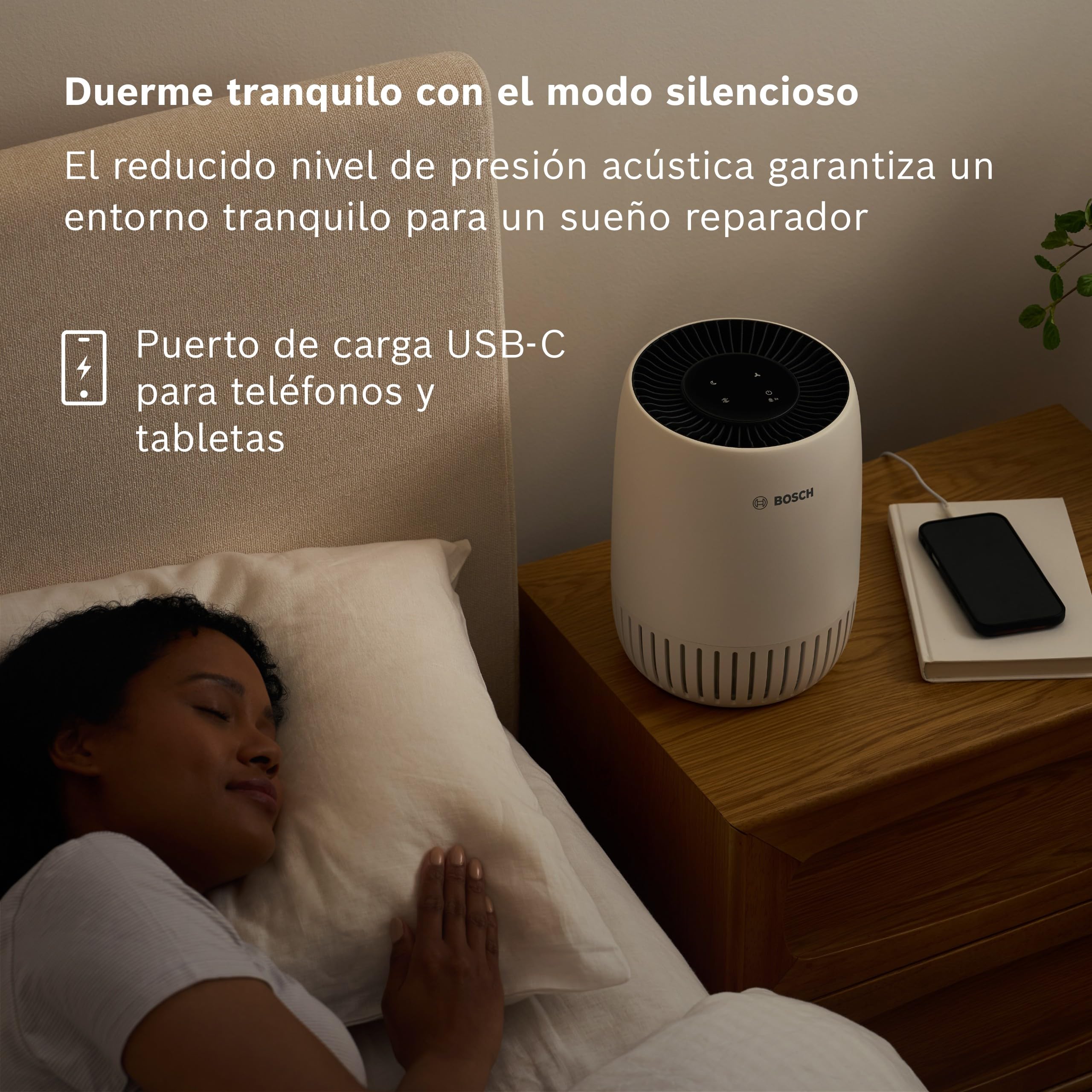 Bosch Air 500 Purificador de Aire - Elimina contaminantes, incluye filtro de aire y modo silencioso (< 25 dB(A)) - para habitaciones de hasta 23 m² - con puerto de carga USB-C - CADR: 100 m³/h