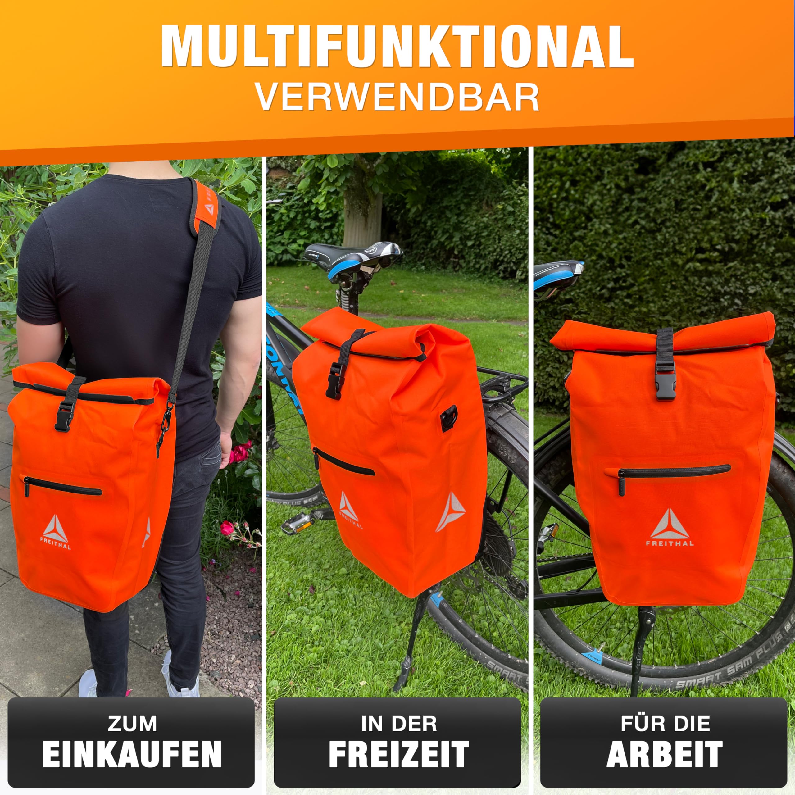 FREITHAL Borsa per bicicletta, portapacchi, 27 l, arancione | Impermeabile, con catarifrangenti, trasportabile come borsa a tracolla, per portapacchi, capacità 27 litri
