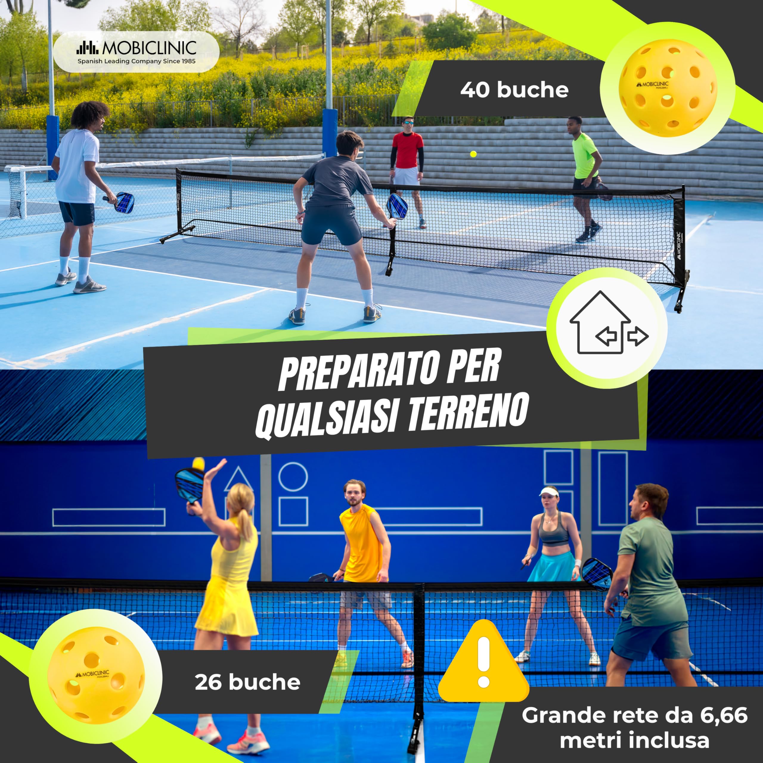 Mobiclinic®, Set da Pickleball, Racchette in Fibra di Vetro, Palline per Interni ed Esterni, Borsa da Trasporto, Ergonomico, Anima in Polipropilene a Nido D'ape, Grip (4 racchette + 8 palline + rete)