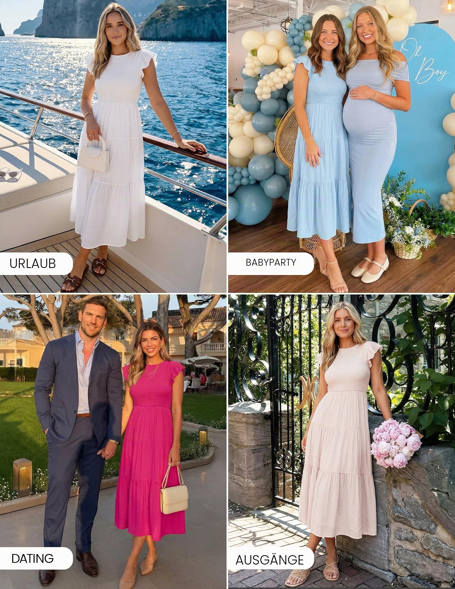 Zesica, Midikleid für Damen, sommerlich 2025, mit kurzen Volantärmeln, Rundhalsausschnitt, elastischer Smoktaille und stufigem Rock – leger und bequem für warme Tage
