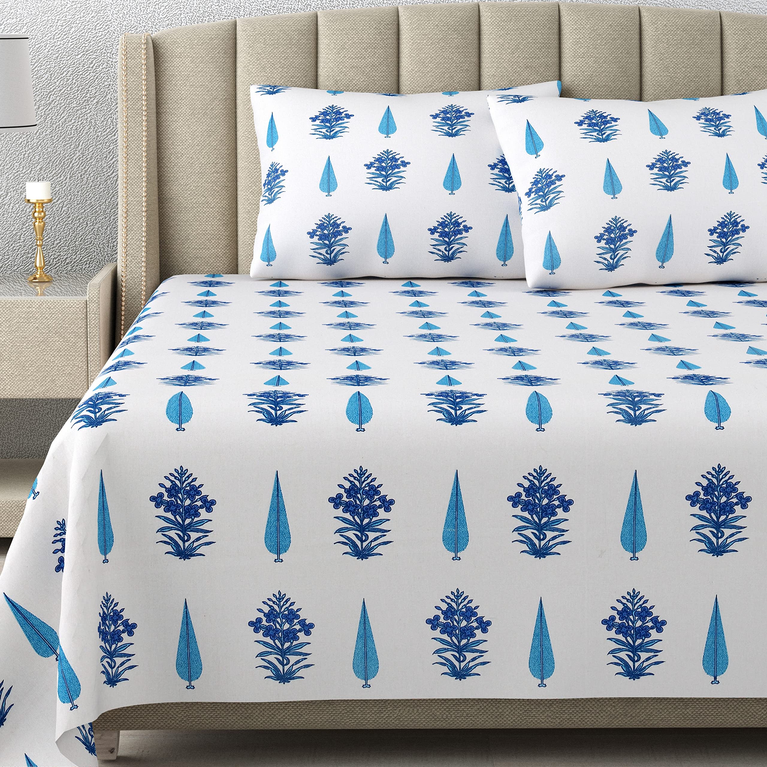 DE CAMA Since 1997 | 100% Cotton 300 TC Premium King Size Bedsheet for Double Bed (90 x 108 Inch) with 2 Pillow Covers Set (17 x 27 Inch) Designer Printed Bedsheet Set - Block Print booti Blue