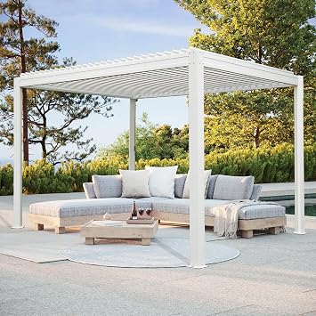 Domi Outdoor Pergola 10 x 10 Aluminum Louvered Pergola with Adjustable Roof, Aluminum Frame, Efficient Drainage System for Patio, Deck, Garden, White