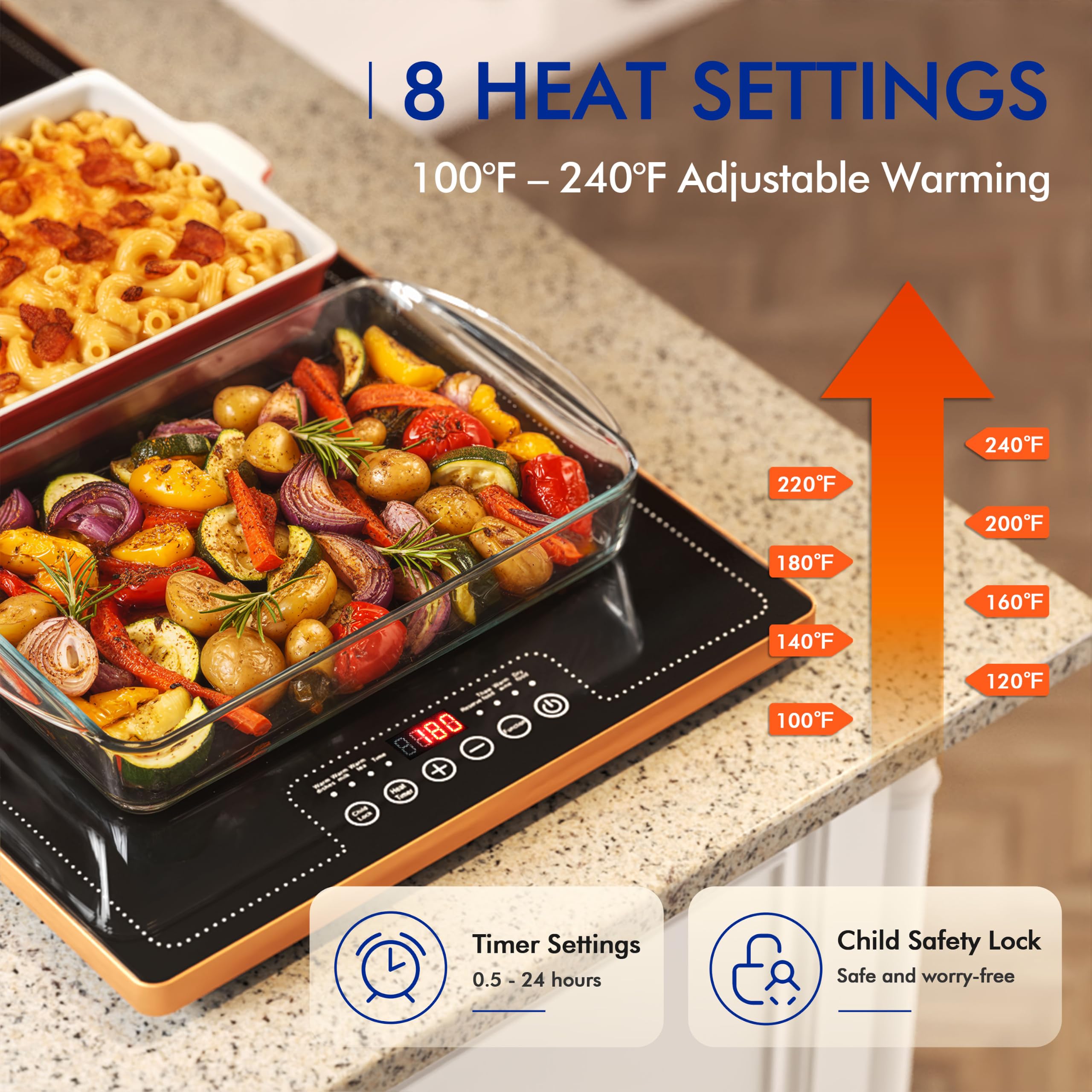Bandejas de calentamiento eléctrico para fiestas de bufés, calentadores de alimentos de 40 x 14 pulgadas, servidores de buffet y calentadores - Placa caliente extragrande con calentamiento rápido y