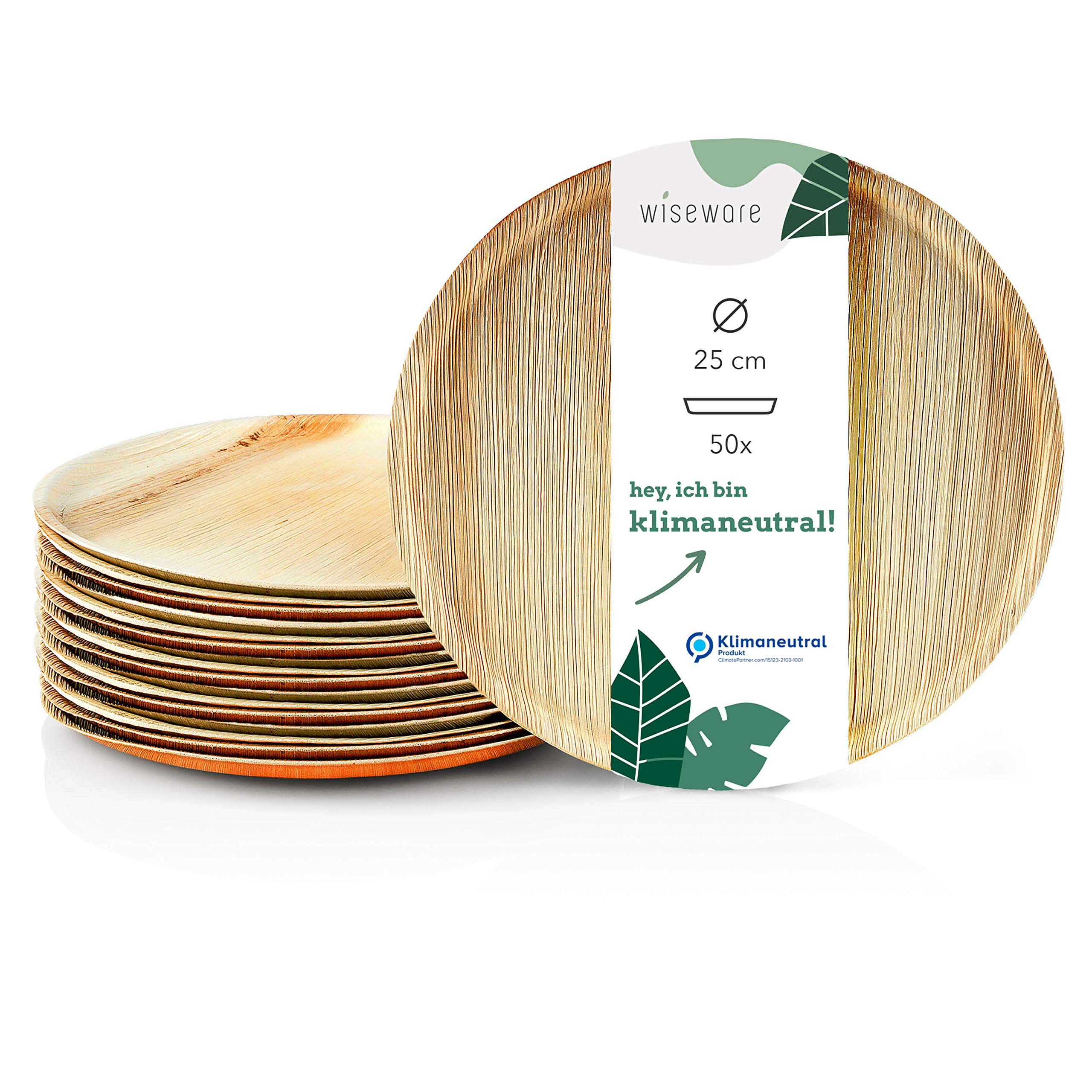 Wiseware Jednorazowa deska do pizzy z liścia palmowego, okrągła, płaska, Ø 25 cm, biodegradowalna zastawa z liści palmy, kompostowalne naczynia na imprezę, ekologiczne naczynia jednorazowego użytku (50, Ø 25 cm)