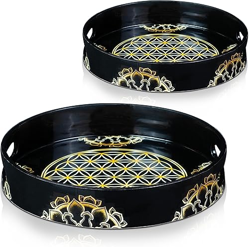 Miniatura 8 de Juego de 2 bandejas redondas de madera con asas, moderna bandeja otomana para té y desayuno, decoración decorativa de cocina, baño y dormitorio