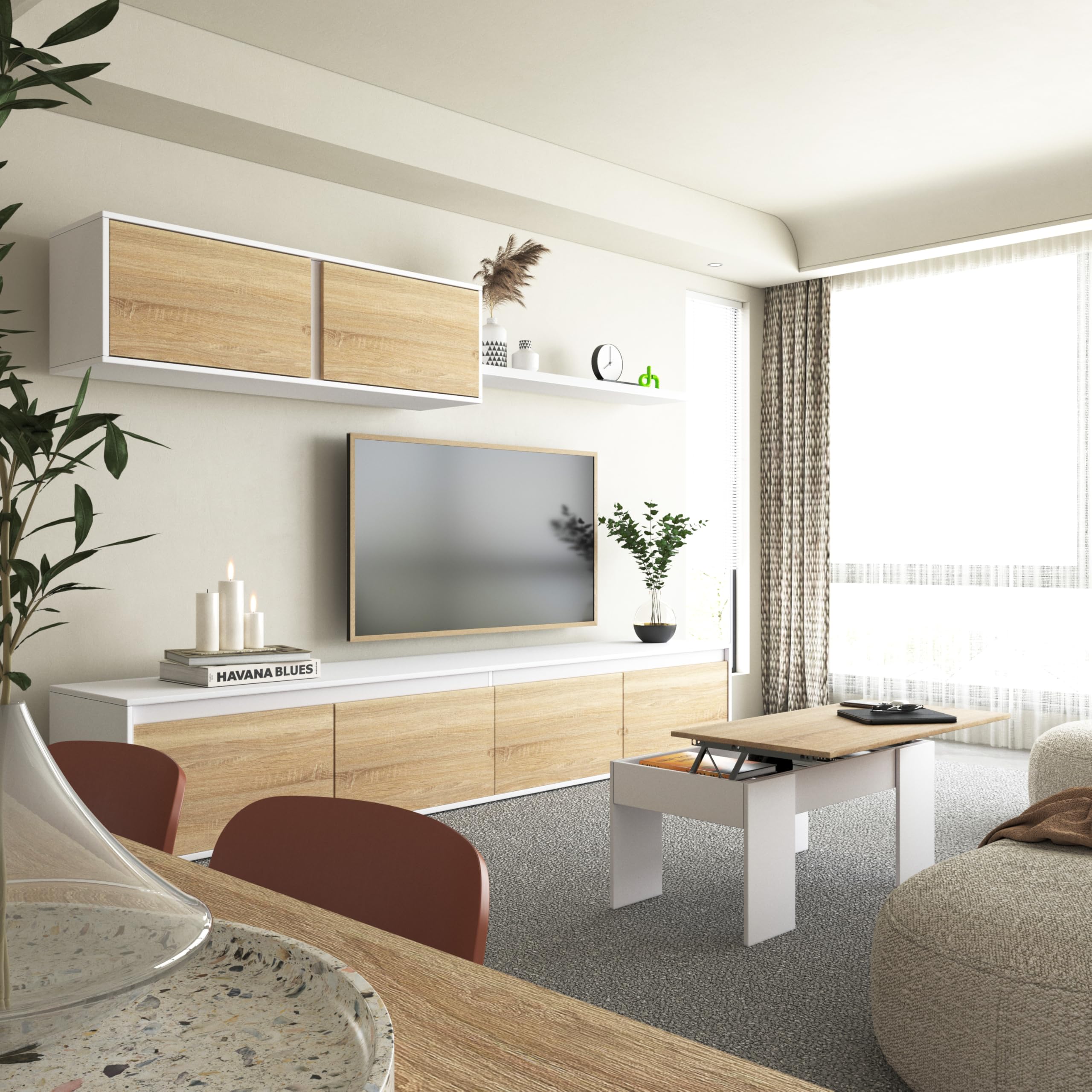 duehome | Pack de Salon con Modulo TV + Mesa de Centro Elevable y Mesa de Comedor, Conjunto de Salon, Modelo Arlet MAX V2B, Acabado en Blanco Artik y Roble Canadian
