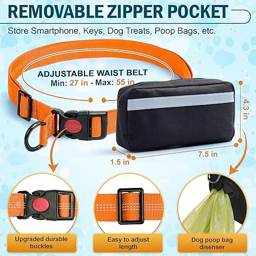 Miniatura 5 de Correa de perro manos libres con cinturón Bungee sin tirones, asas acolchadas dobles y bolsa con cremallera para correr, caminar y entrenar Correa