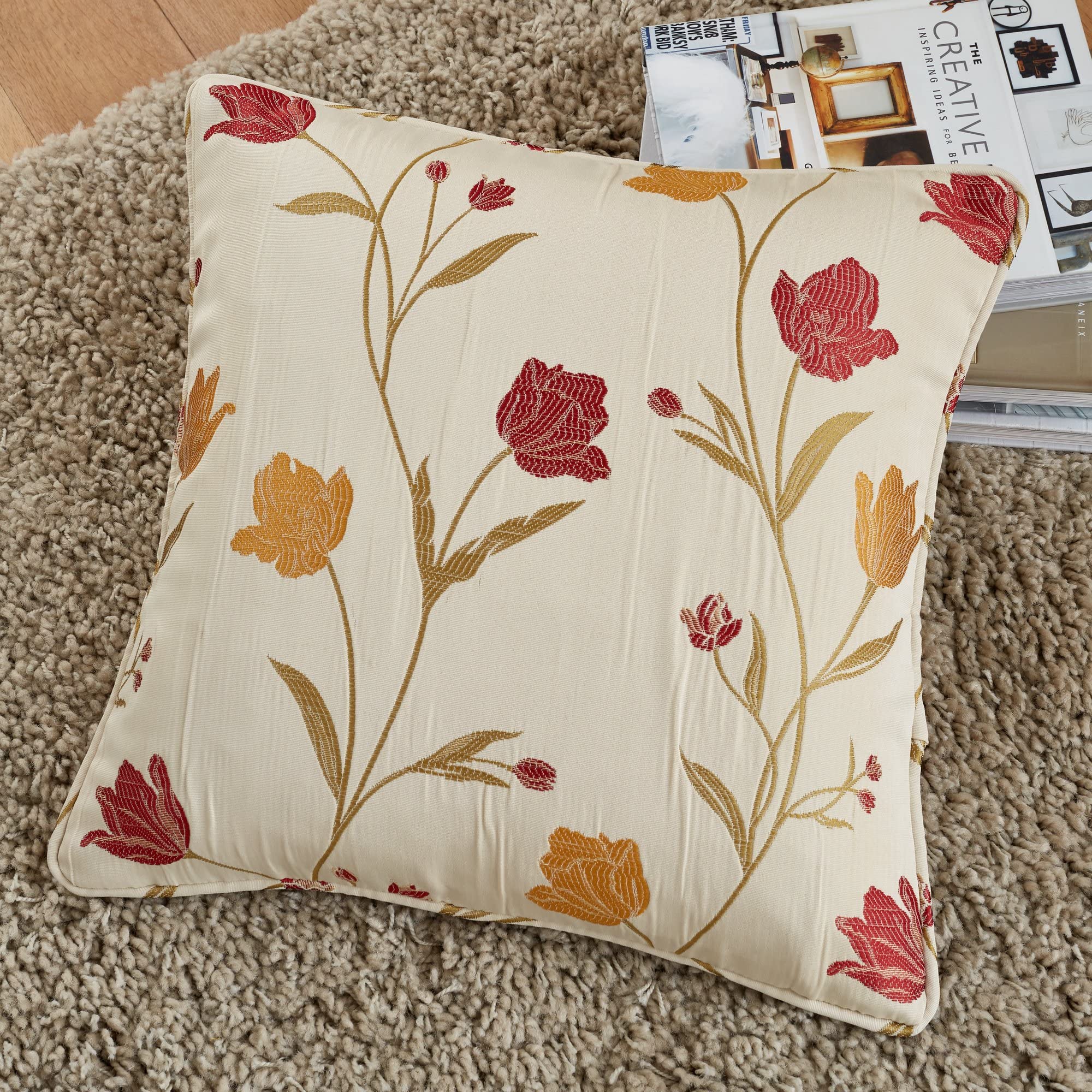 Curtina - Natural & Red Floral Cushion (43 x 43cm) - Red Flower Cushion - Jacquard Cushion in Natural Cream/Beige - Cushion Inserts with Covers Included