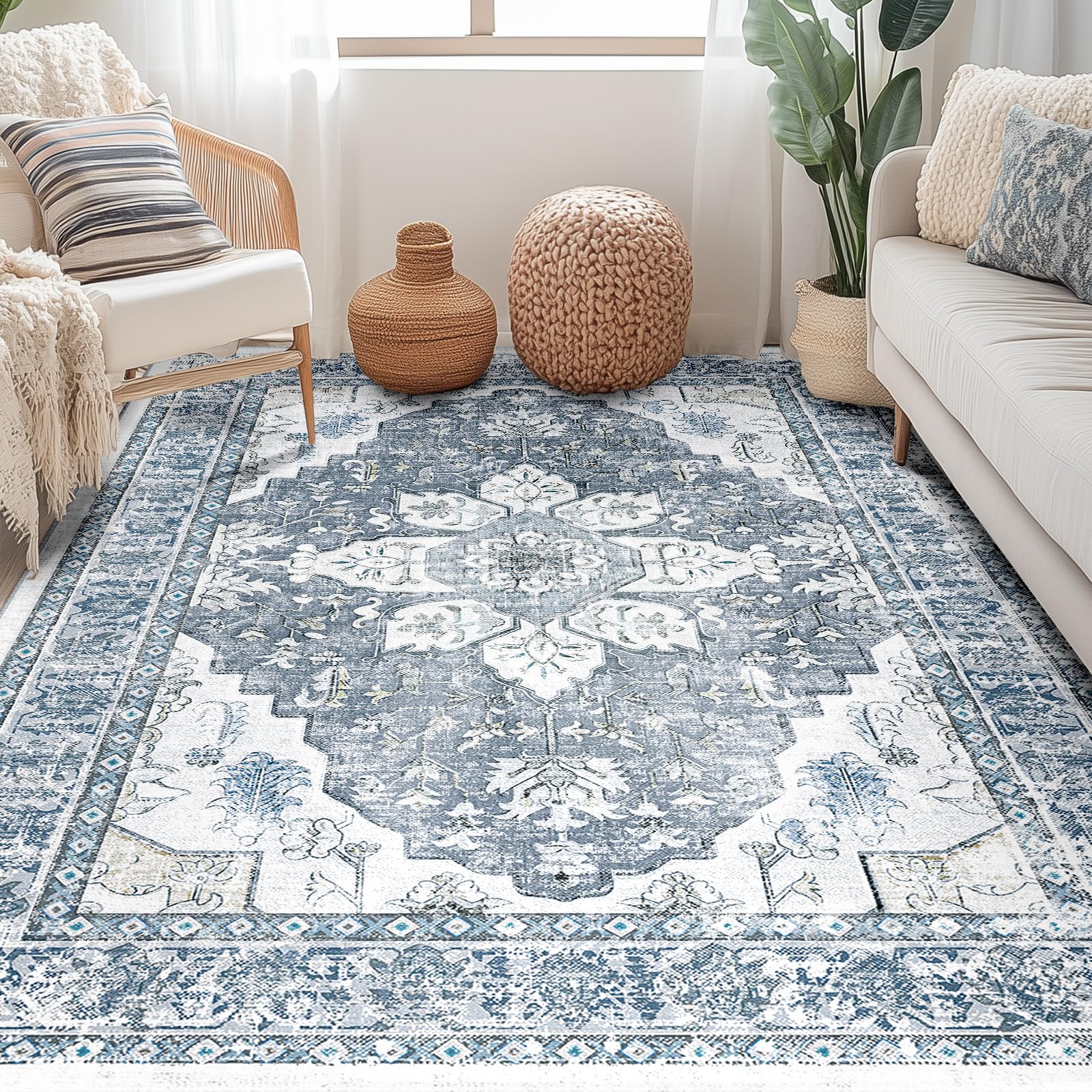 BESTSWEETIE 5x7 Area Rug Washable Rugs for Living Room, No Pile Boho Carpet for Entryway Bedroom Dinning Room, Vintage Carpet Print Distressed