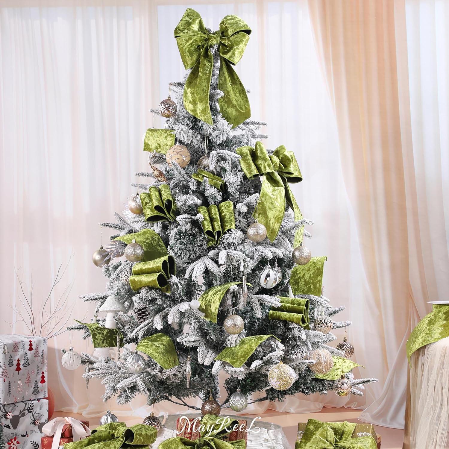 MAYREEL 4 Inch Moss Green Crushed Velvet Ribbon Wired Extra Wide for Christmas Decorations Gift Wrapping Wreaths Tree Toppers 10 Yards