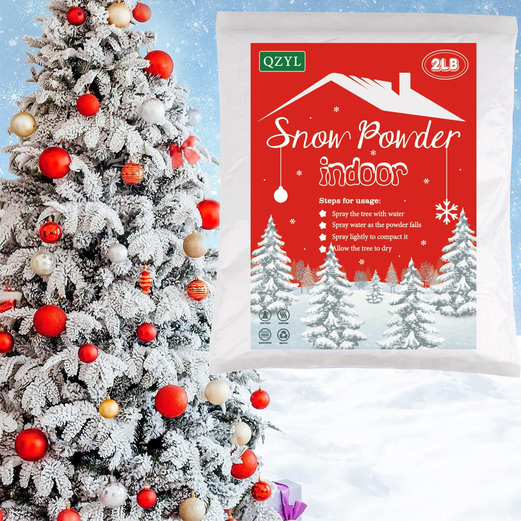 Christmas Decorations, 2 lbs Snow Flocking Powder, Self-Adhesive Snow Flock for Christmas Tree Decor, Fake White Snow Flock for Winter Xmas Holiday Artificial Tree Wreath Garland Crafts Home Display