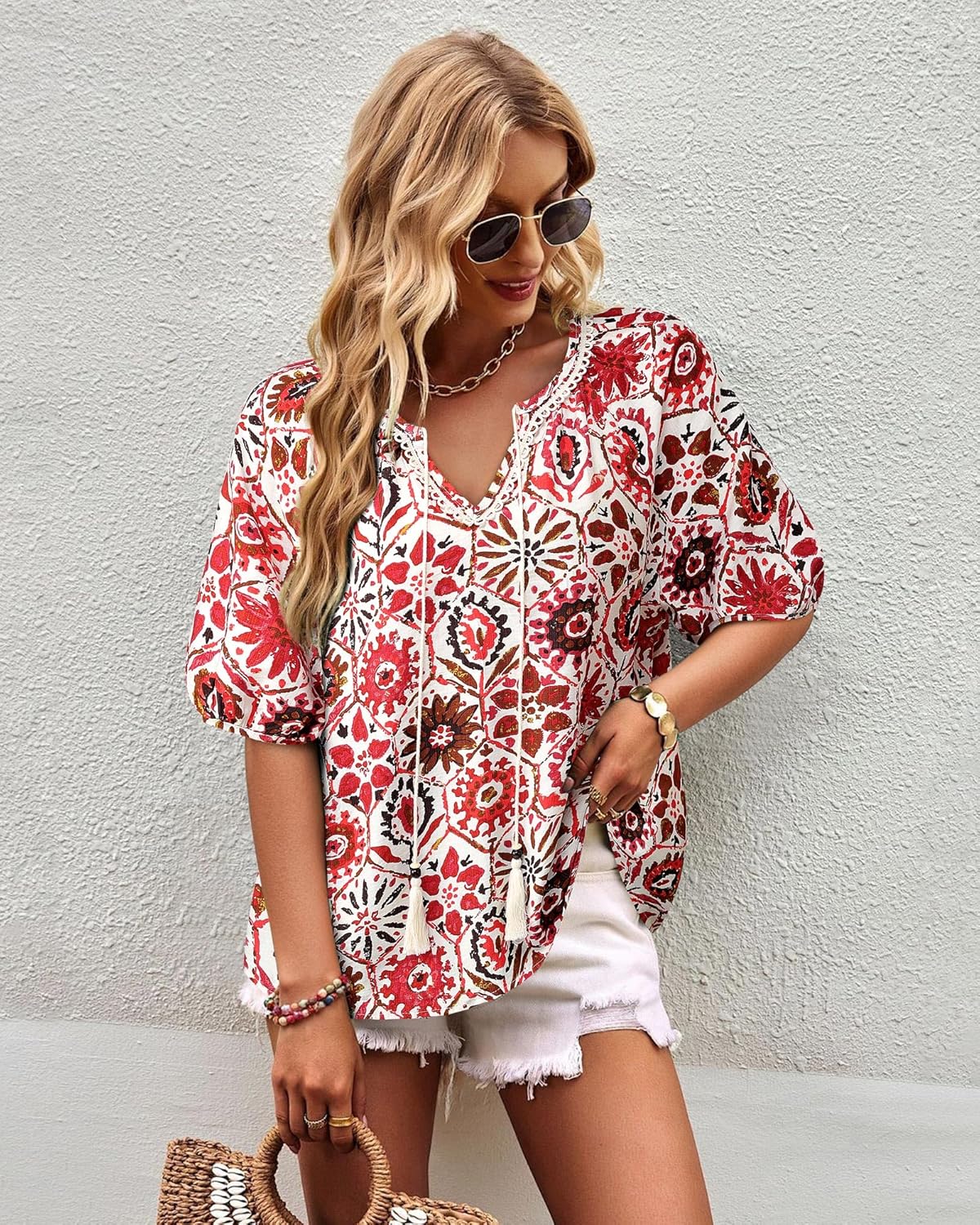 Vivilli Womens Summer Boho Tops Casual V Neck Short Sleeve Blouses Floral Print Shirt Tie Front Flowy Vacation Clothes - Image 3