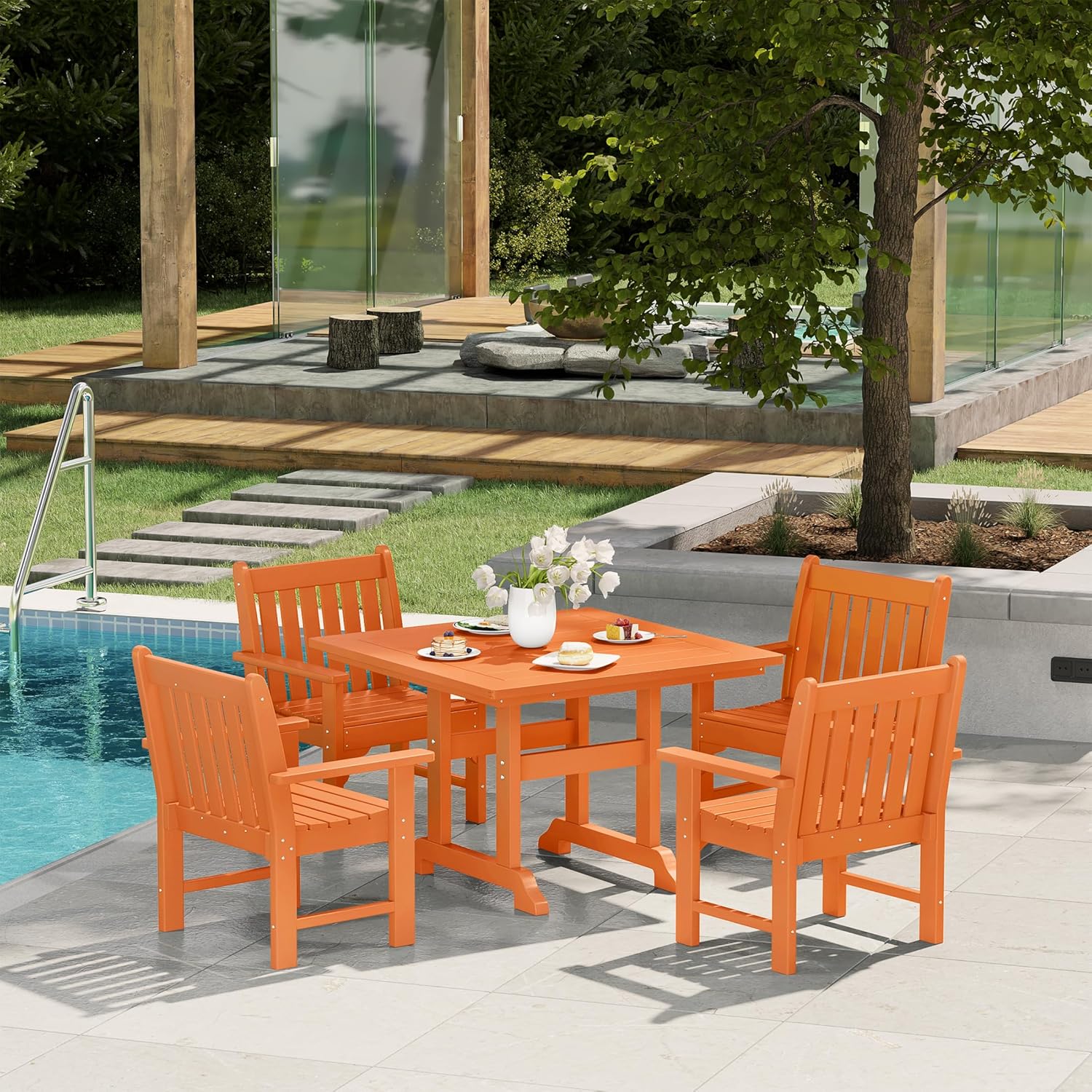Costaelm Outdoor Dining Arm Chair, Patio HDPE Garden Dining Table Chair, Poly Lumber Waterproof Restaurant Bistro Farmhouse Chairs for Outside Porch Backyard, Orange