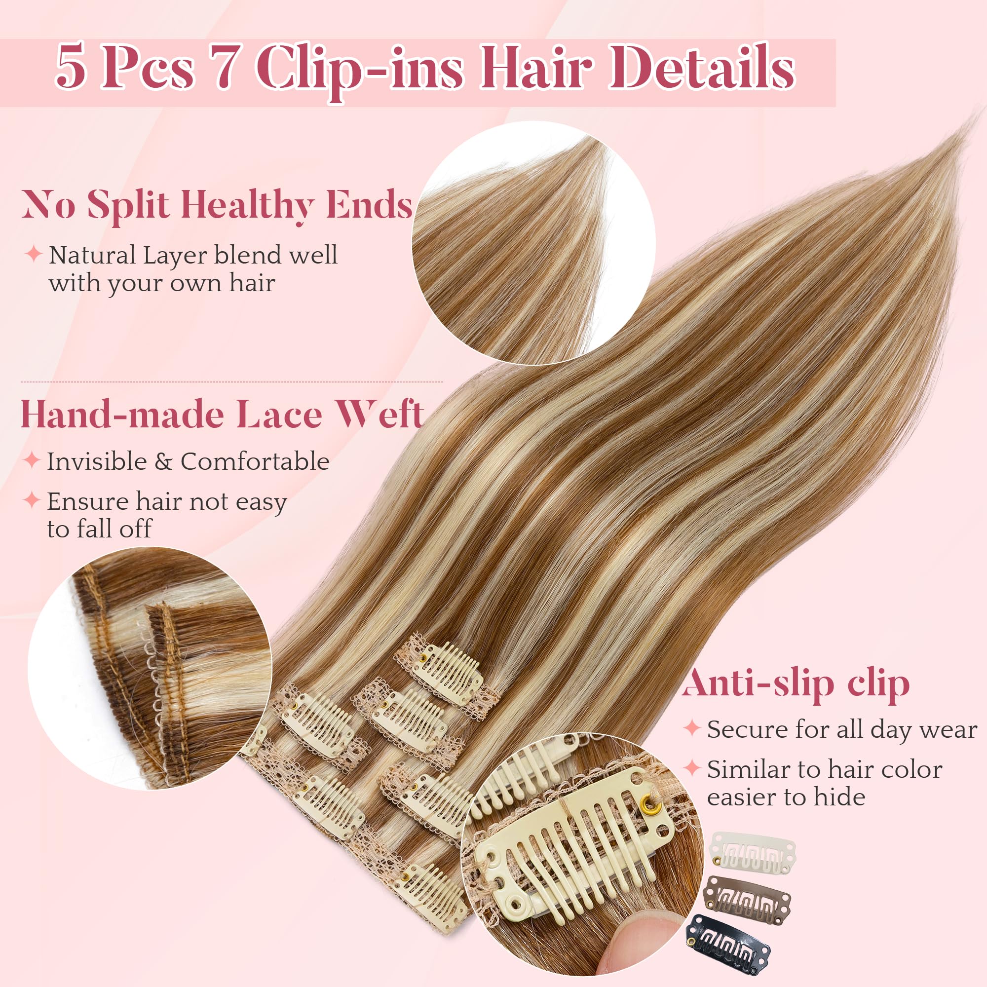 SEGO Extension Capelli Veri Clip 50 cm Set da 5 Ciocche Extension Clip Capelli Veri Remy Human Hair Naturali #6P613R Castano chiaro & biondo