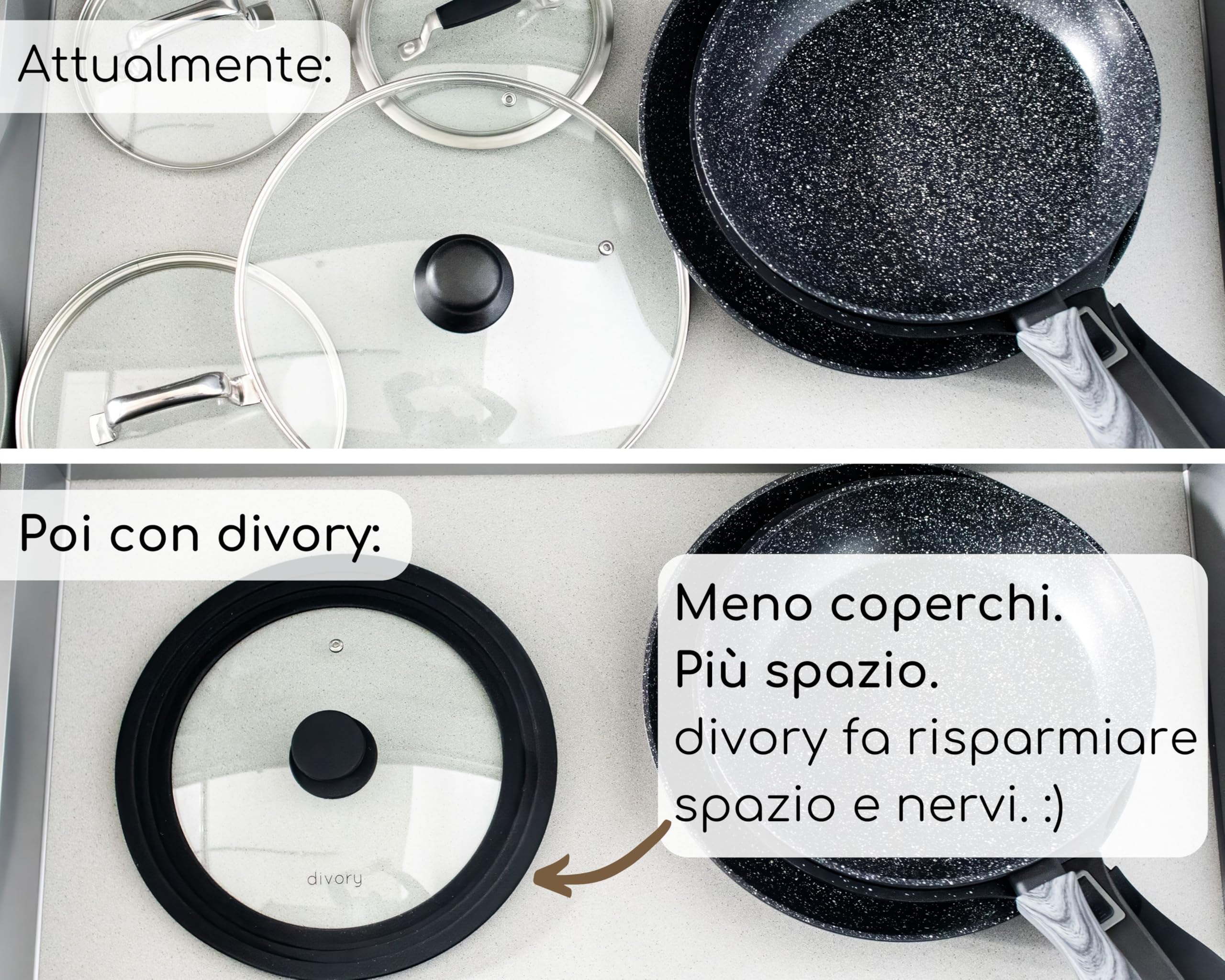 DIVORY Coperchi universali Ø28, 30 e 32 coperchi in Vetro con Bordo in Silicone a gradini per pentole e padelle, valvola di Rilascio del Vapore