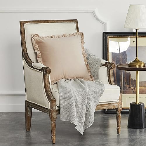 Miniatura 6 de GIGIZAZA Juego de 2 fundas de almohada decorativas color champange, 22 x 22 pulgadas, fundas de almohada de terciopelo con volantes para sofá