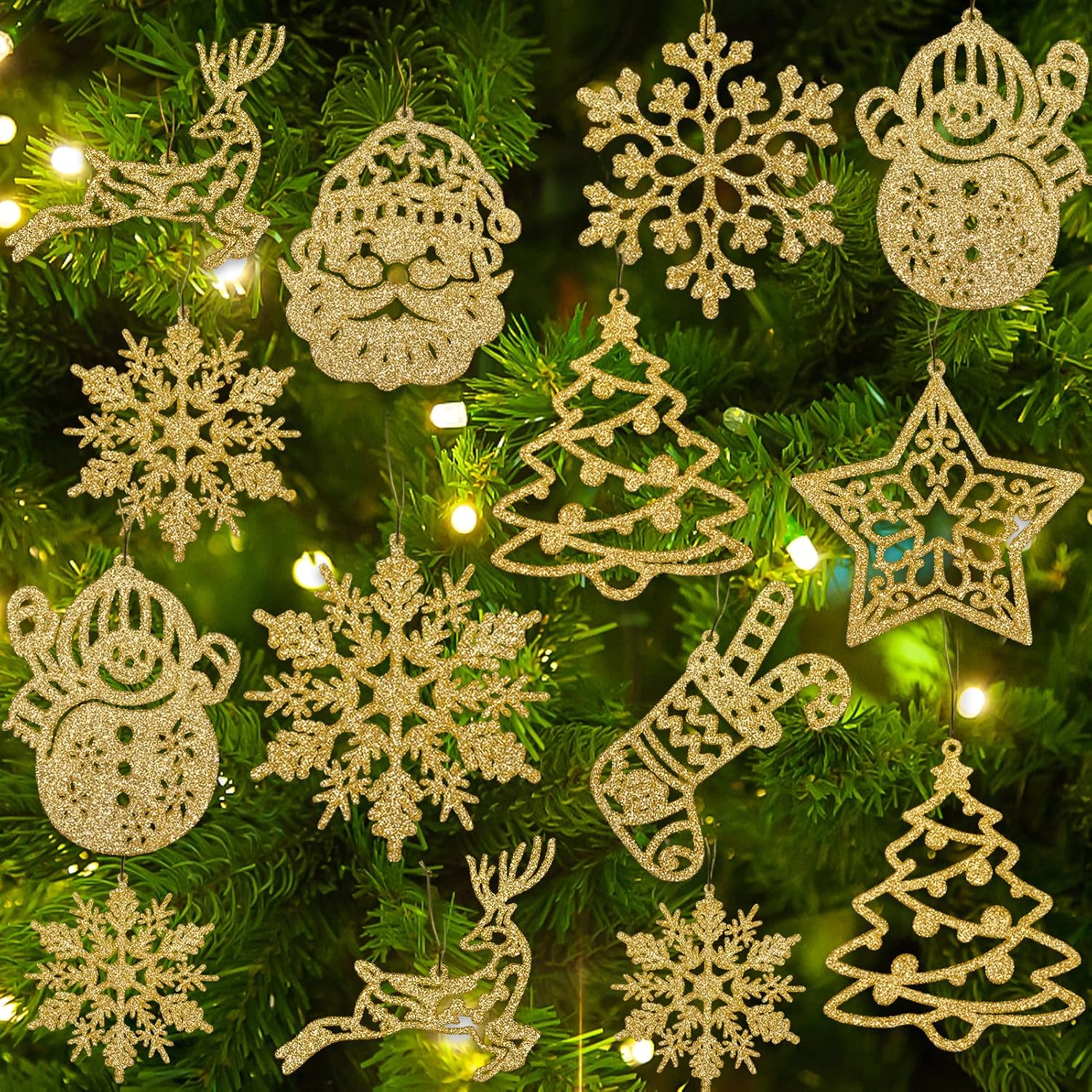 Gold Snowflake Ornament for Christmas Tree Decorations - 42pcs Plastic Glitter Gold Snowflakes Sock Reindeer Santa Snowman Assorted Sizes Hanging Decorations for Winter Wonderland Xmas Tree Decor