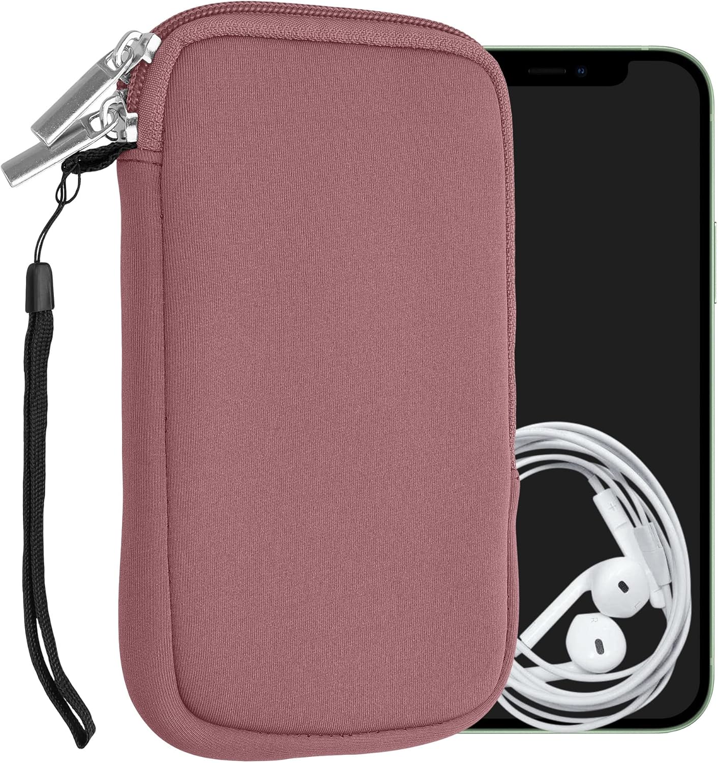kwmobile Neoprene Phone Pouch Size L - 6.5" - Universal Cell Sleeve Mobile Bag with Zipper, Wrist Strap - Dark Rose