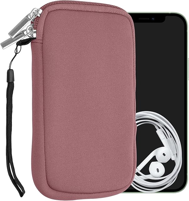 kwmobile Neoprene Phone Pouch Size L - 6.5" - Universal Cell Sleeve Mobile Bag with Zipper, Wrist Strap - Dark Rose