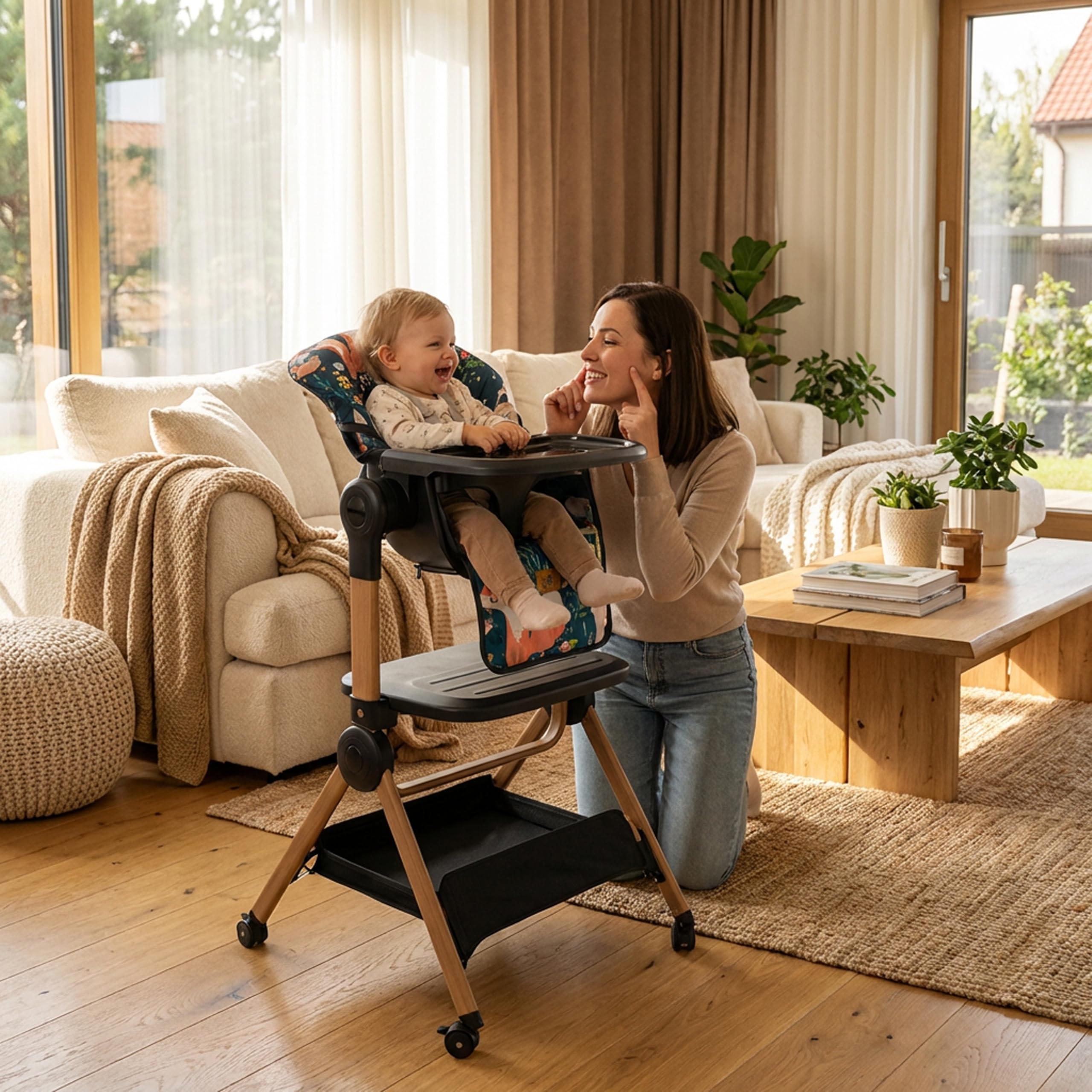 Hochstuhlbezug Ersatzbezug – Universal Sitzkissen kompatibel mit Hauck, IKEA, Stokke, wasserfest Öko-Tex (Waldtiere Wald)