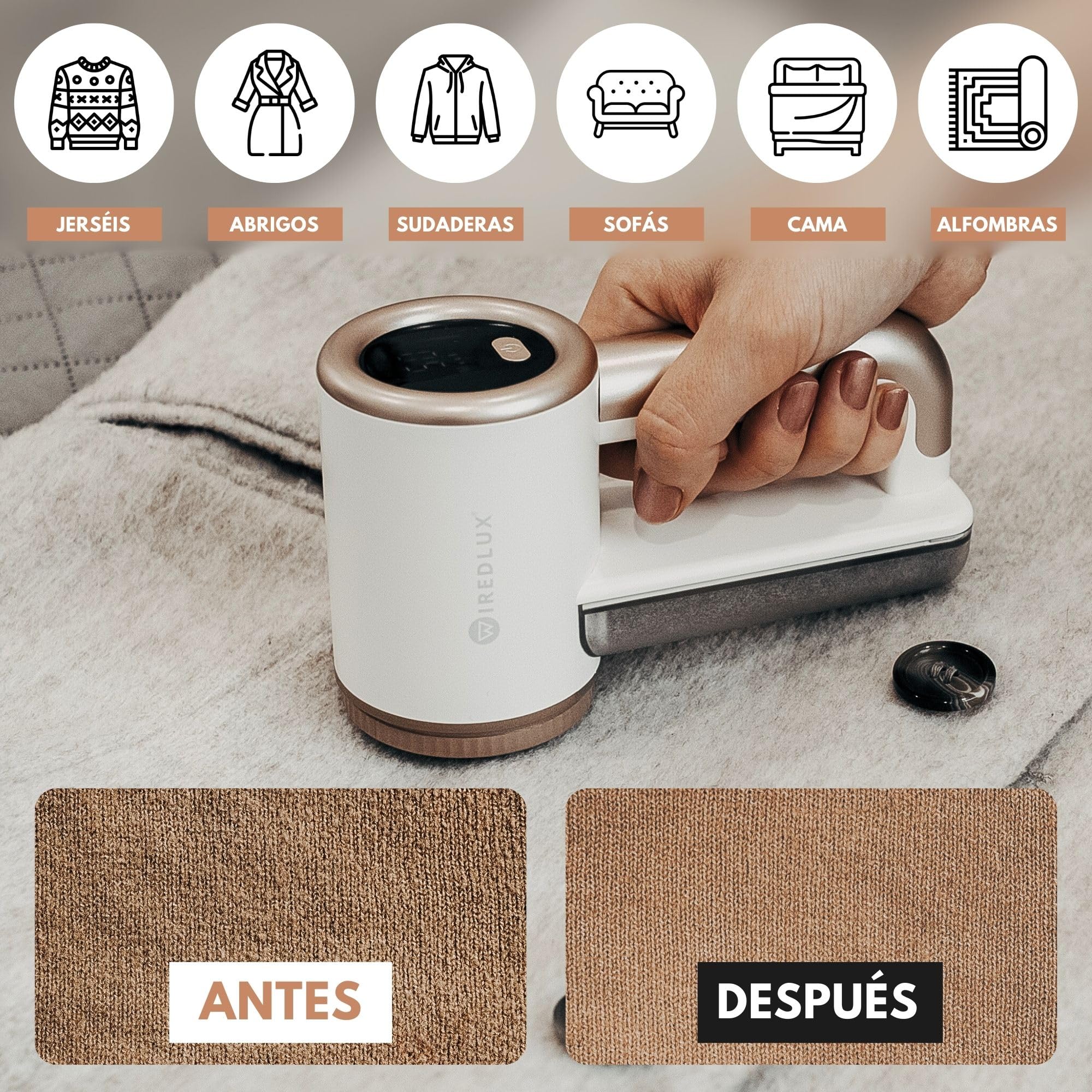 Quitapelusas Eléctrico WiredLux - Quitapelusas Recargable para Ropa y Muebles - 3 Velocidades, Cuchilla de 6 Hojas, Carga por USB - Quita Bolitas de Pelusa con Doble Protección (Blanco)