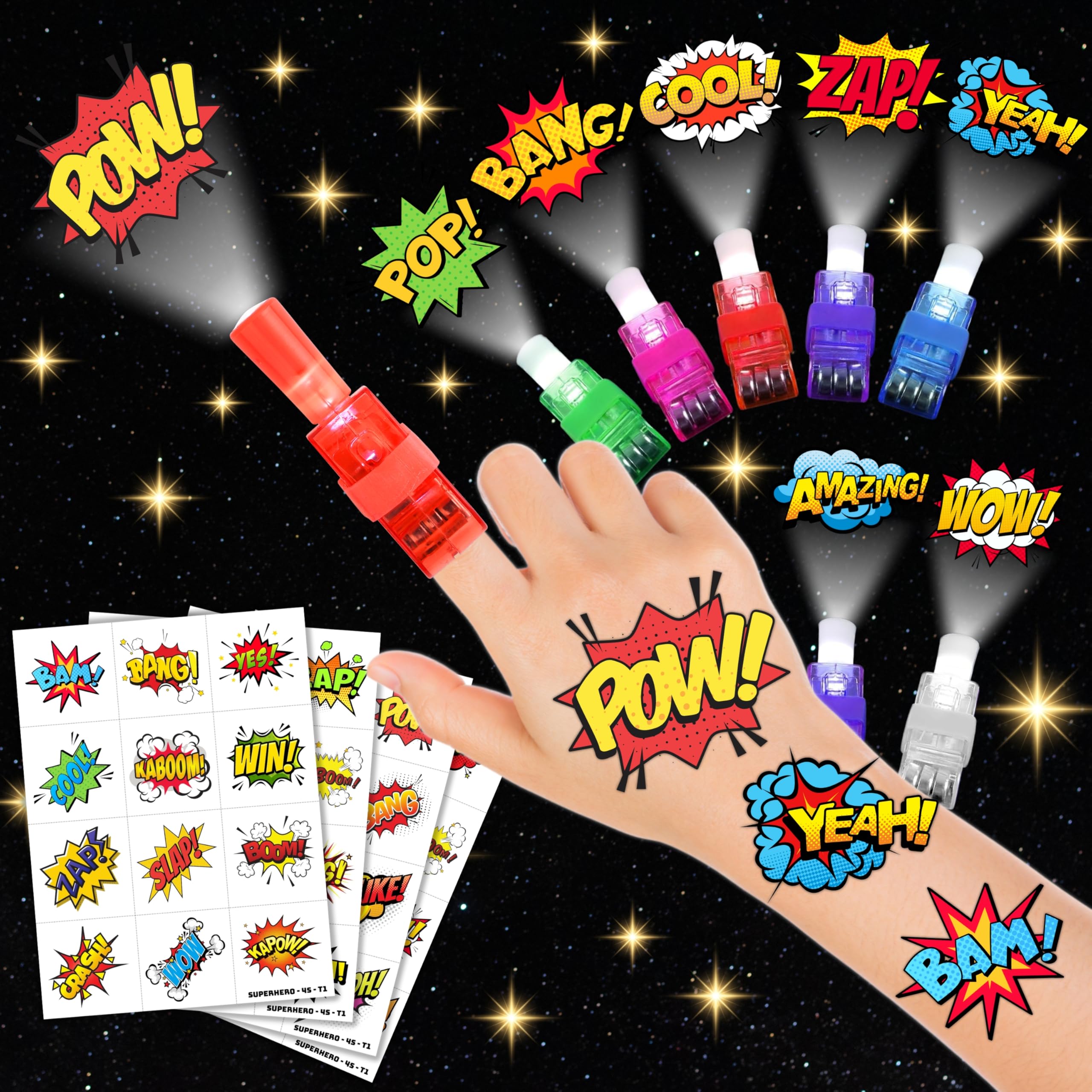 72 Pcs Hero Party Favors with Tattoos & LED Finger Lights
