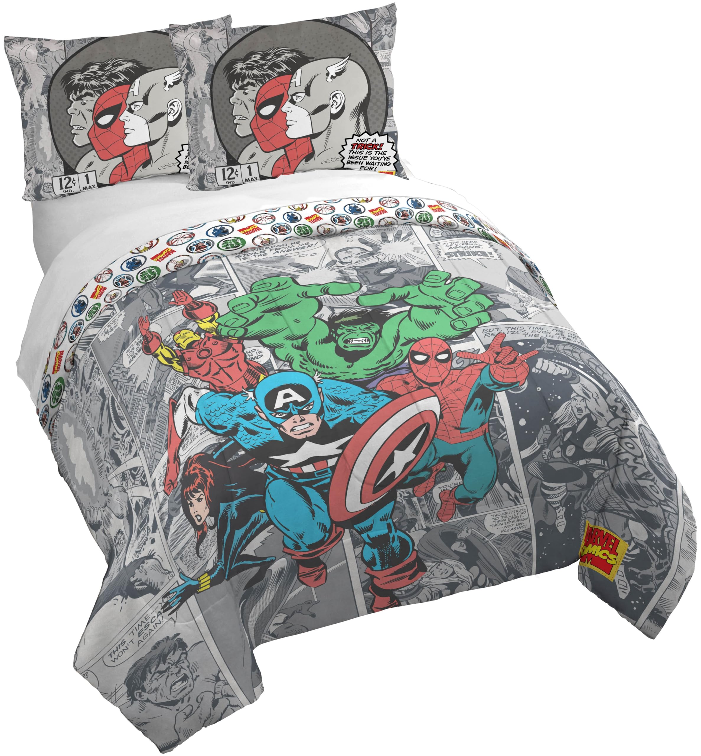 Jay Franco Duvet Cover Set – 3 Piece Comforter Cover and Sham Set, Super Soft Cozy Kids Bedding (Insert Not Included) Grey - Marvel Comics, Queen