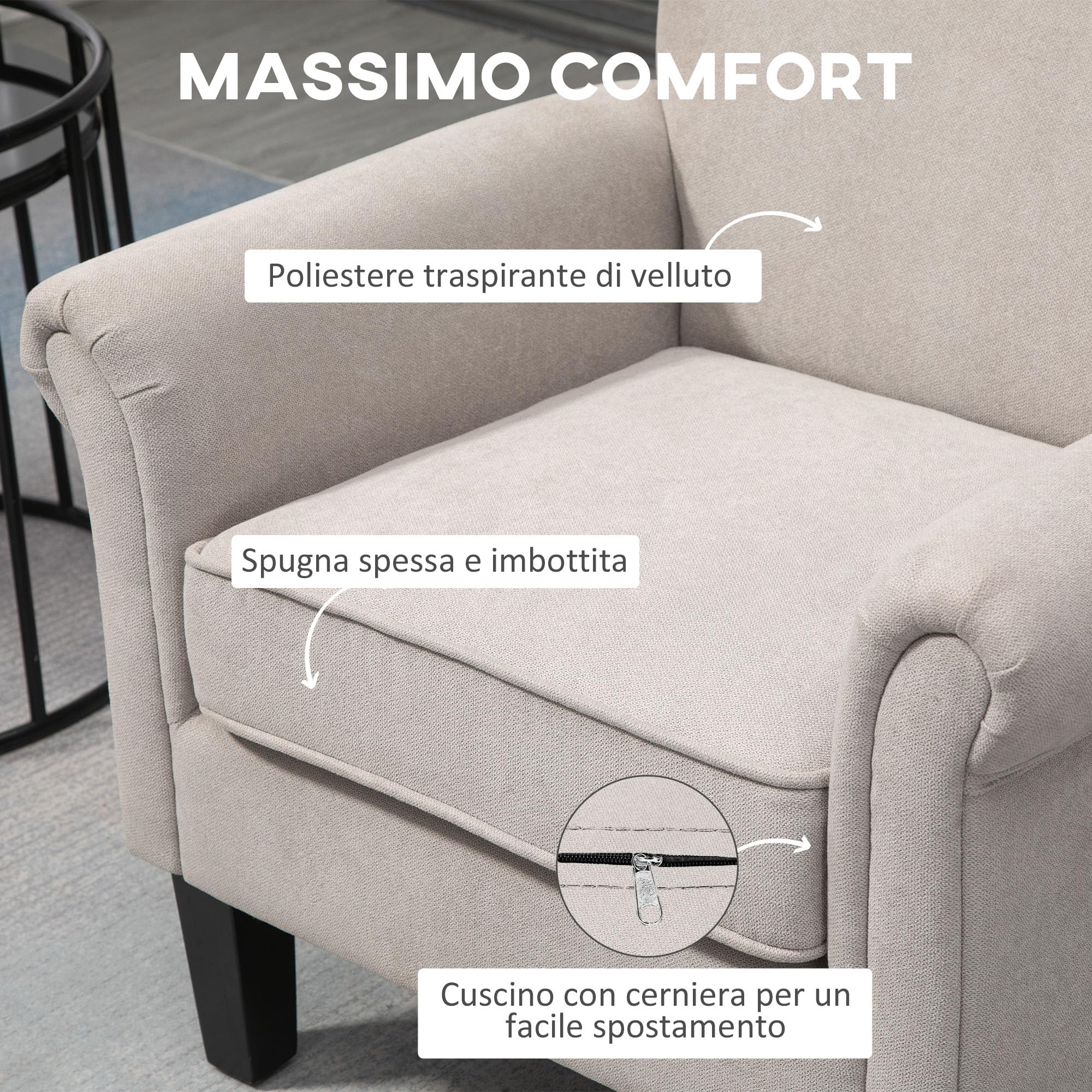 HOMCOM Poltrona d'Arredo in Stile Nordico con Braccioli, Poltrona Imbottita in Legno e Poliestere, 79x78x87 cm, Grigio e Marrone