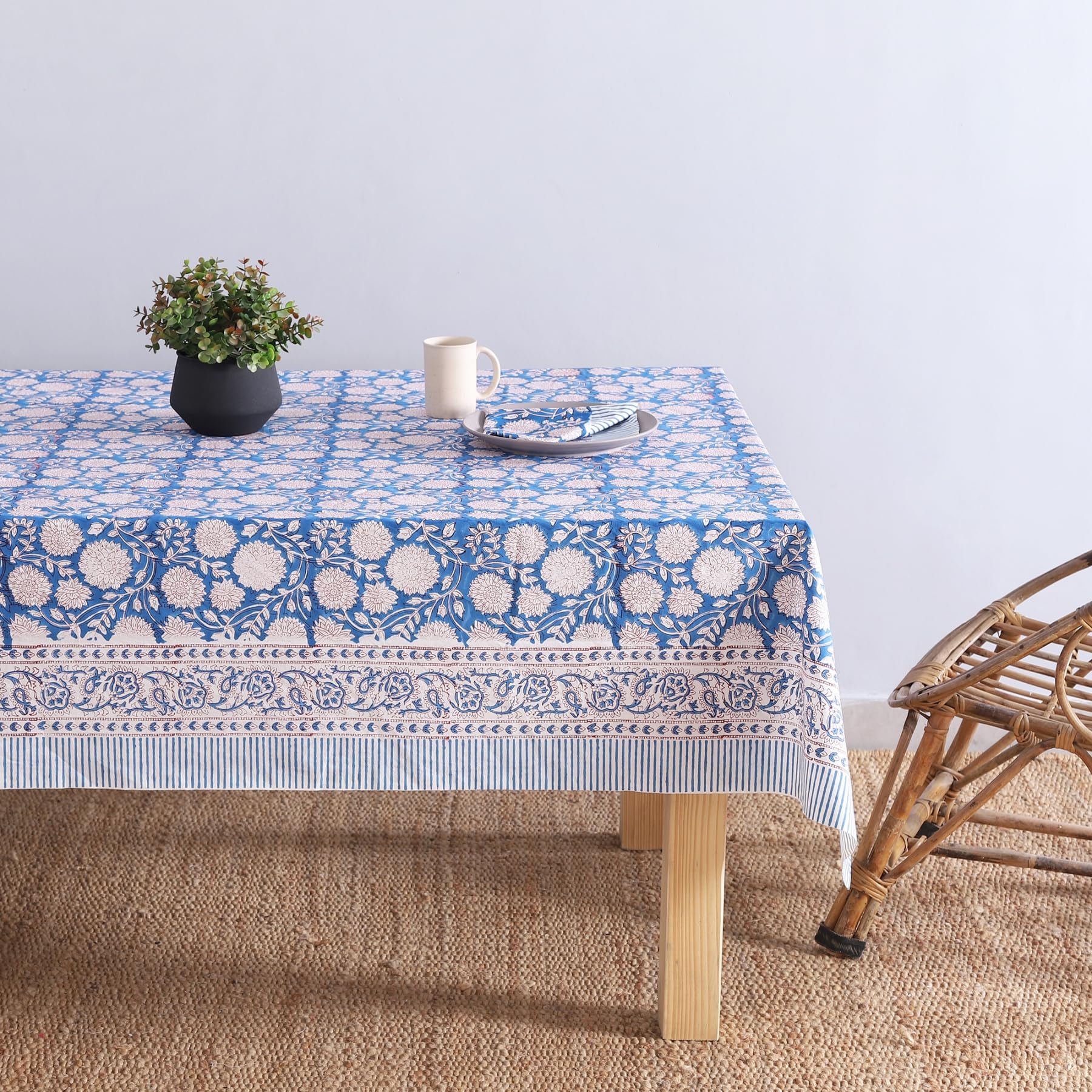 Ravaiyaa -Ravaiyaa - Attitude is everything Cotton Hand Block Printed Dining Table Cover Cloth with 6 PC Napkins for 6 Seater (90" X 60" inch, Blue White Floral) (B0D29J5GSX) Amazon Price History, Amazon Price Tracker